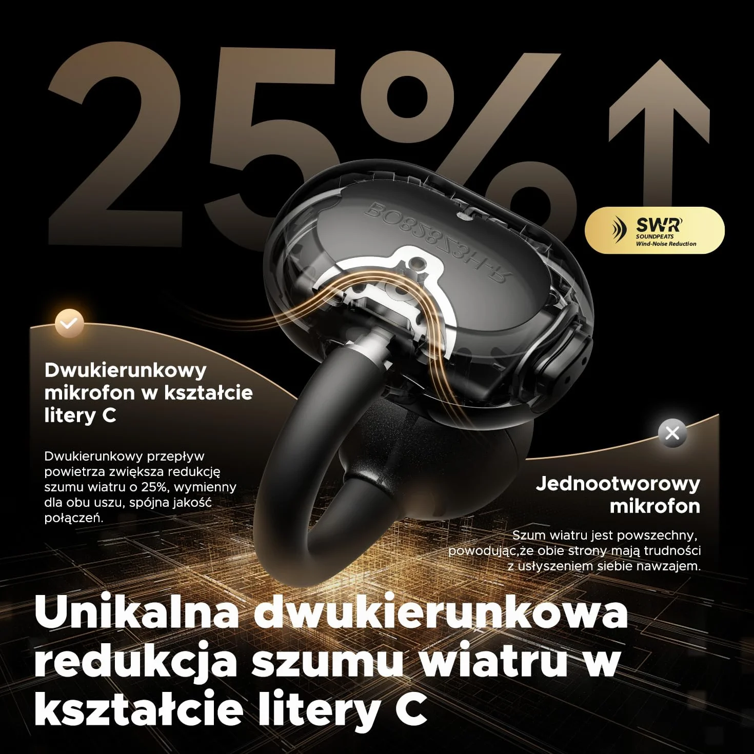 SoundPEATS POP Clip Słuchawki douszne z otwartym uchem Bluetooth 5.4 z podwójnym mikrofonem, wodoodporne bezprzewodowe słuchawki douszne IPX5, 30-godzinny czas odtwarzania, sterowanie aplikacją