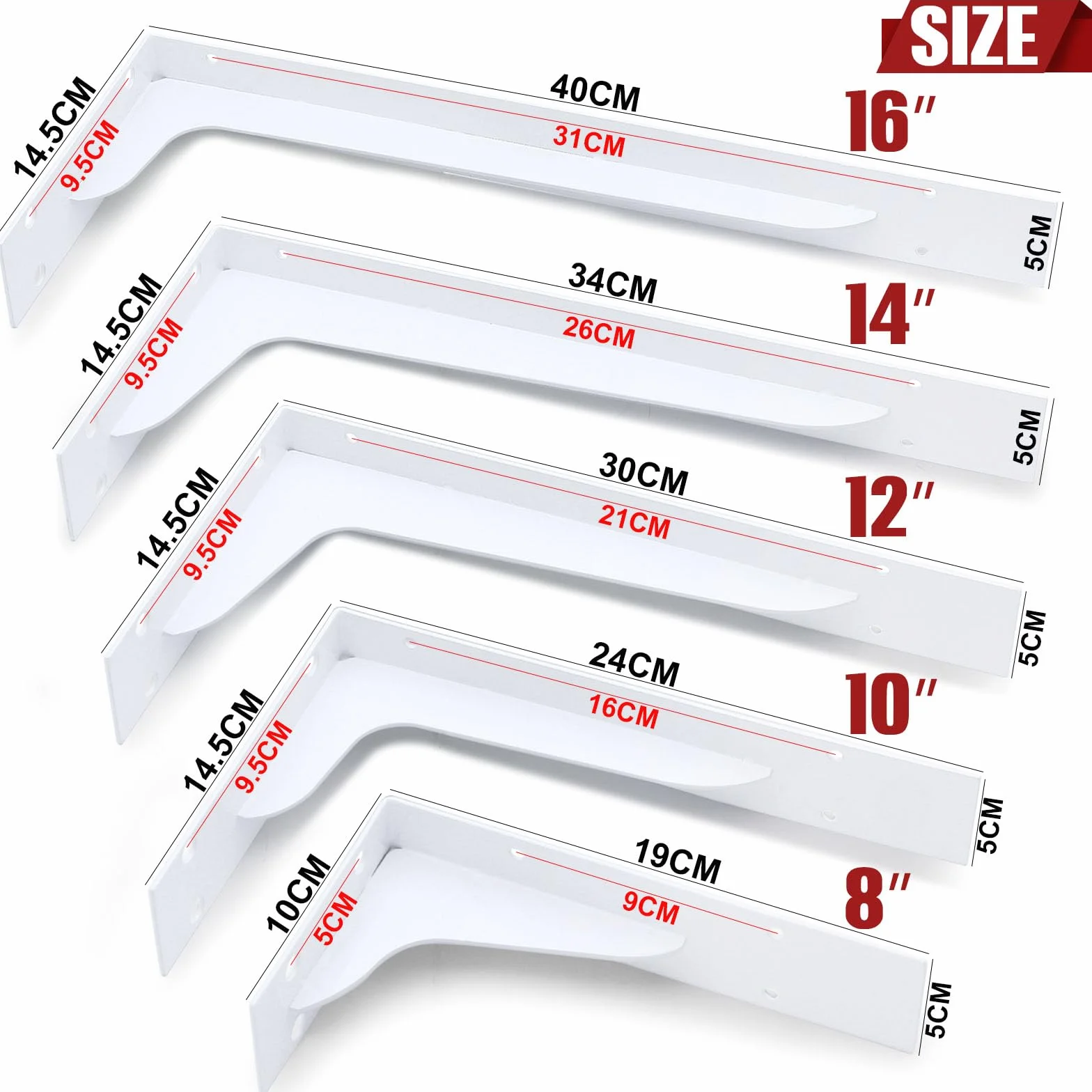 Białe wytrzymałe wsporniki półek, 2 szt., białe, 20 cm, żelazne wsporniki w kształcie litery L z mocowaniami, montowane na ścianie, metalowe wsporniki półek do kuchni, pomieszczenia gospodarczego