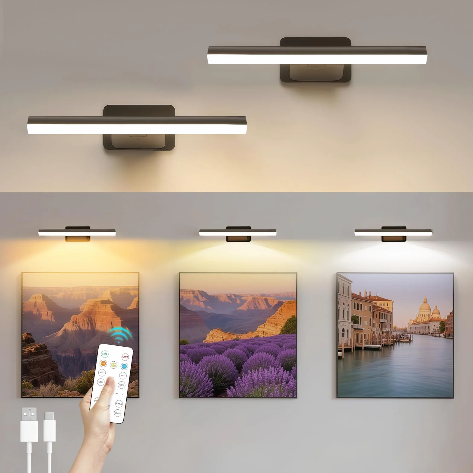2 sztuki bezprzewodowego oświetlenia obrazu, lampa ścienna wewnętrzna z timerem i pilotem, lampa ścienna LED z 3 temperaturami barwy światła, lampa ścienna do malowania, fotografii, portretu