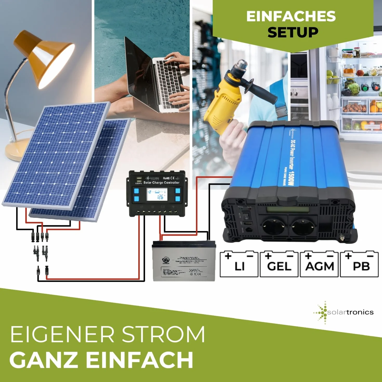 Solartronics FS1500D przetwornica napięcia 24V 1500/3000 Watów Reiner Sinus Niebieski z Ekranem FS Seria Inwerter