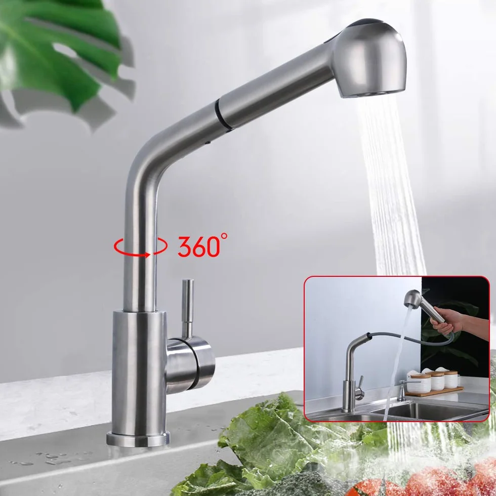 Obrotowy kran ze stali nierdzewnej o 360°, akcesoria kuchenne, srebrny, wysuwany, armatura zlewozmywakowa, bateria mieszakowa, umywalka z 2 rodzajami strumienia, nadaje się do instalacji w kuchni lub
