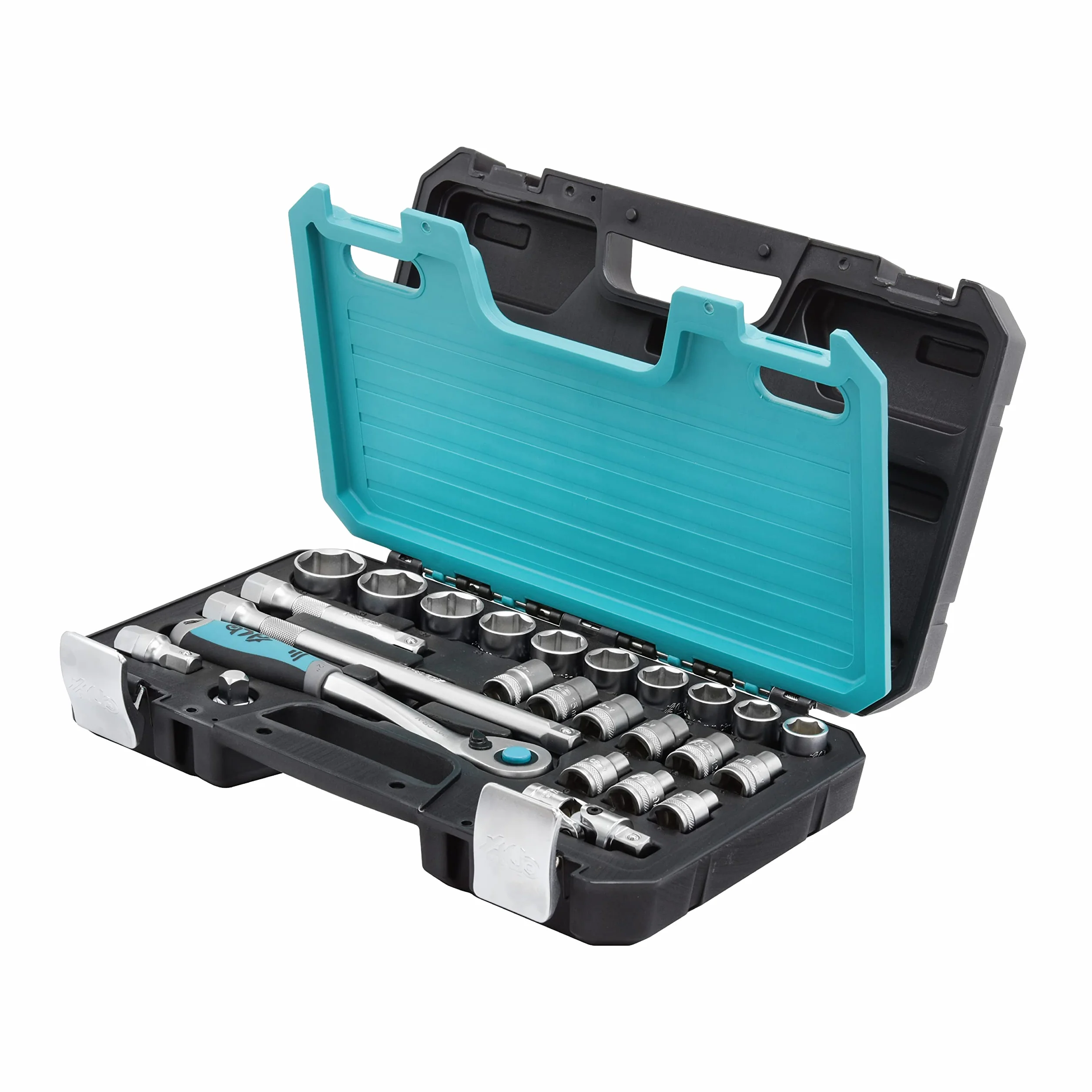 HB Zestaw Nasadek 25 Sztuk 1/2" z Grzechotką 120 Zębów Rewersyjną, Ergonomiczny Uchwyt, Quick Release, Przedłużka, Walizka z Zatrzaskiem, Made in Taiwan AKM018-G