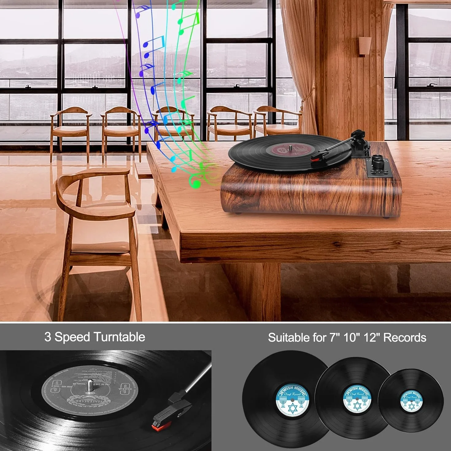 Gramofon Bluetooth VOKSUN winylowy z głośnikiem AUX RCA AM FM przenośny retro orzech włoski
