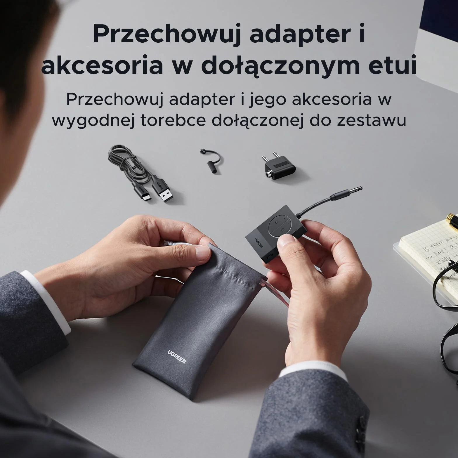 UGREEN Adapter Bluetooth 5.4 do samolotu, nadajnik AUX 3,5 mm, 19h baterii