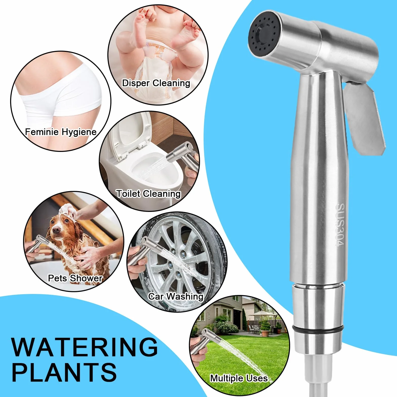 Bidet słuchawka prysznicowa, prysznic ze stali nierdzewnej z 3-drożnym zaworem, wąż sprężynowy 2 m i uchwyt, uniwersalne przyłącze G1/2", do toalety osobistej (A)
