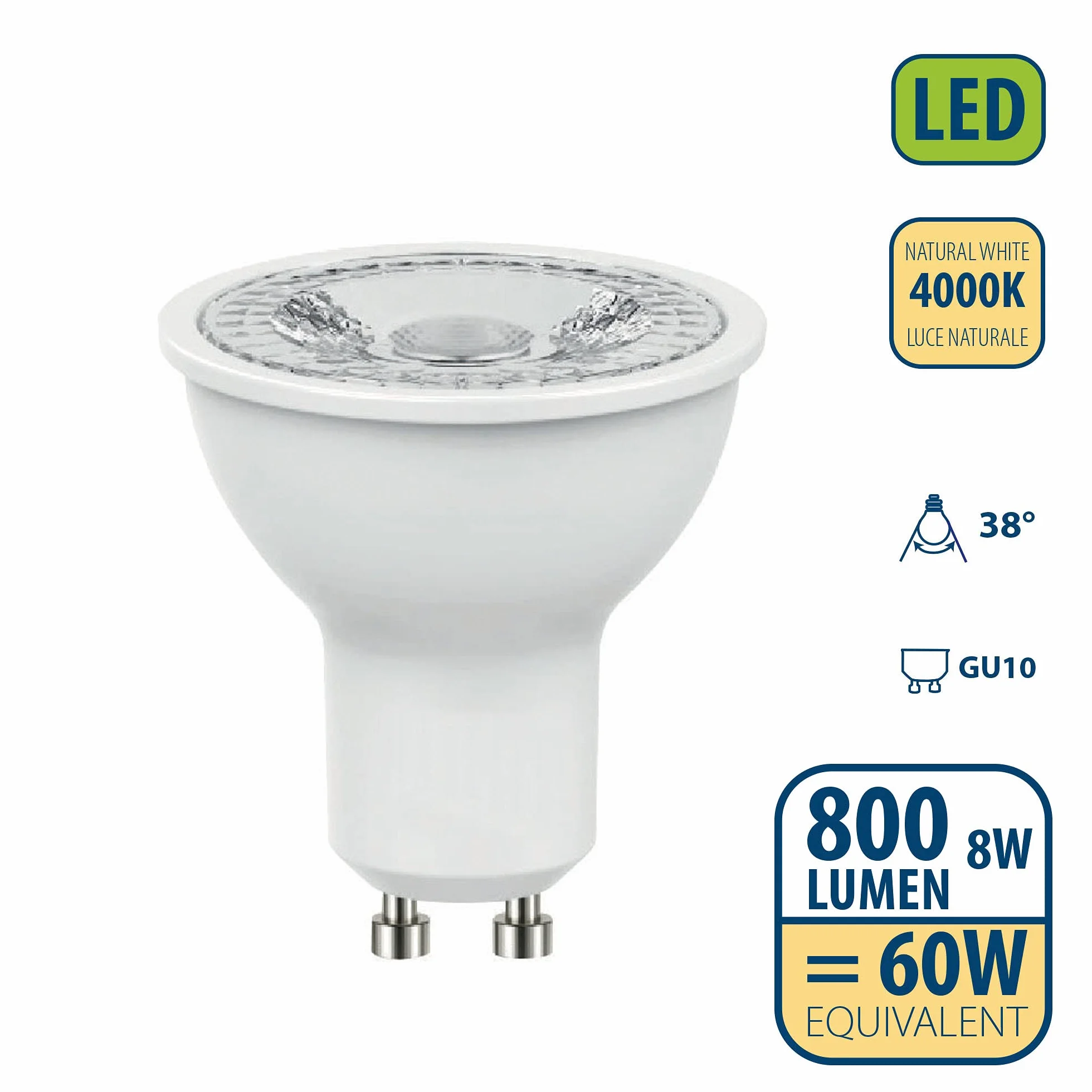 Żarówka LED SMD, punktowa GU10, 230V, 8W / 800lm, 4000K, 38°