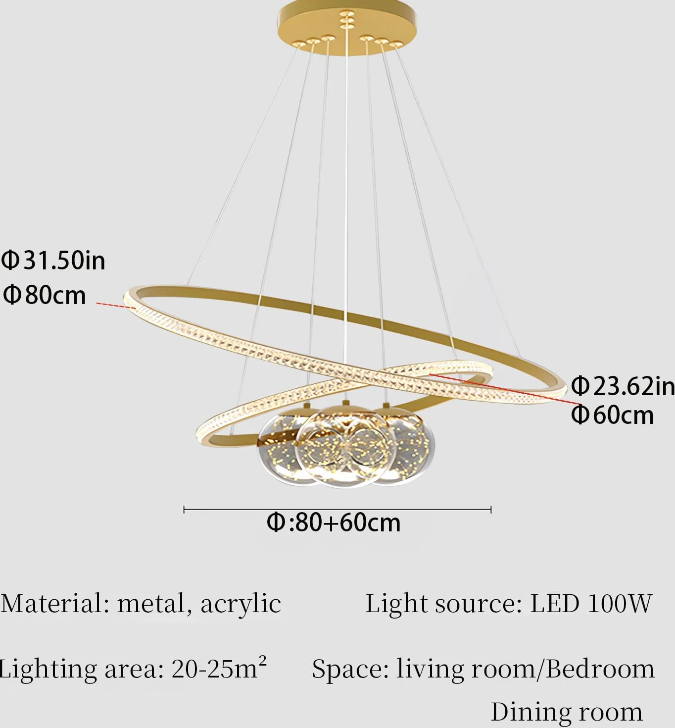 Metalowy żyrandol LED,3 okręgi 40+60+80 cm,lampa sufitowa z regulacją jasności 120 W,pilot zdalnego sterowania 3000-6500 K, lampa wisząca z akrylowym kloszem,oprawy oświetleniowe (Złoto, 60+80)
