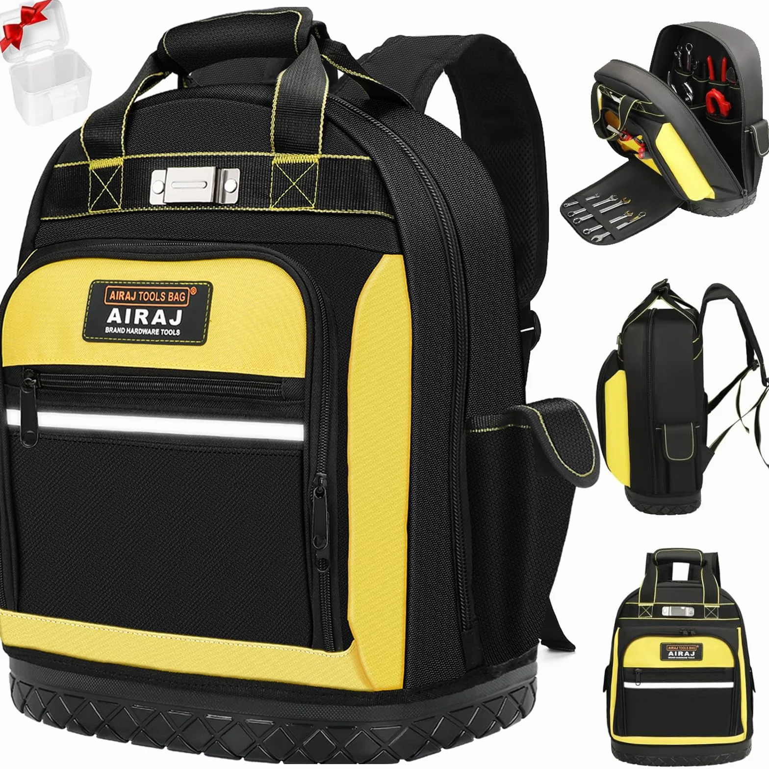 AIRAJ Plecak na narzędzia 43 cm, z gumowym dnem, wytrzymały 1680D, ergonomiczny tył, dla elektryków, hydraulików, pracowników konserwacyjnych, plecak na narzędzia