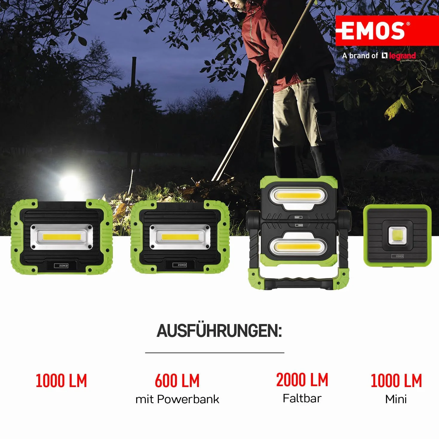 EMOS - Lampa robocza LED z możliwością ponownego ładowania, odporna na uderzenia i wodoszczelna, maks. 1000 lm, maks. 45 m, 3 tryby świecenia, 15,5 godziny, kabel micro USB, IP44, do użytku na