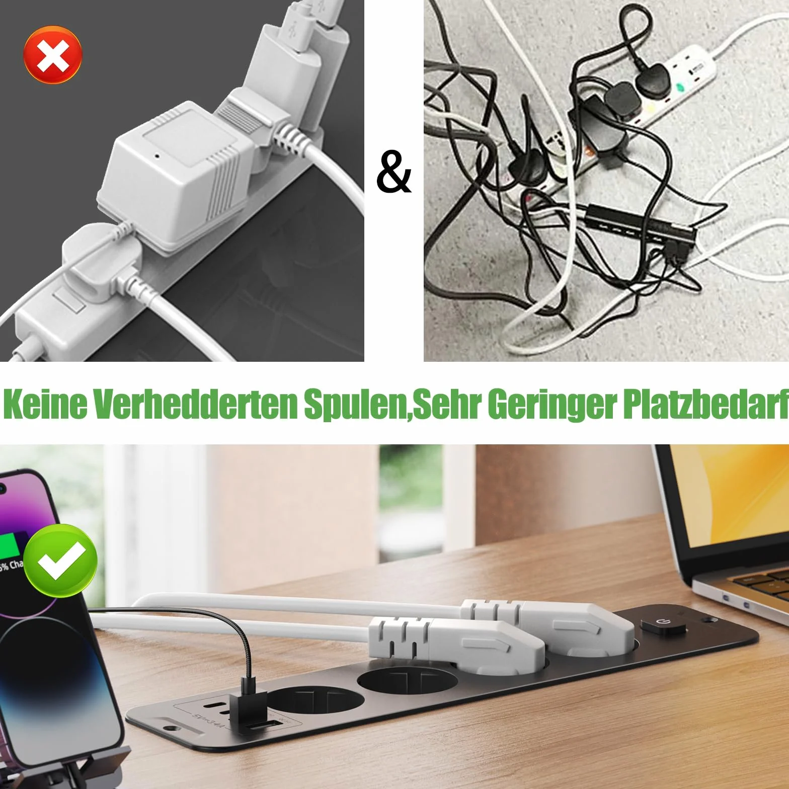 Wysuwane gniazdo wtykowe z 4 gniazdami, listwa zasilająca do zabudowy z 2 USB, gniazdo wtykowe z 2 gniazdami USB C, blat stołu, wpuszczane gniazdko – kabel 2 m, kolor czarny