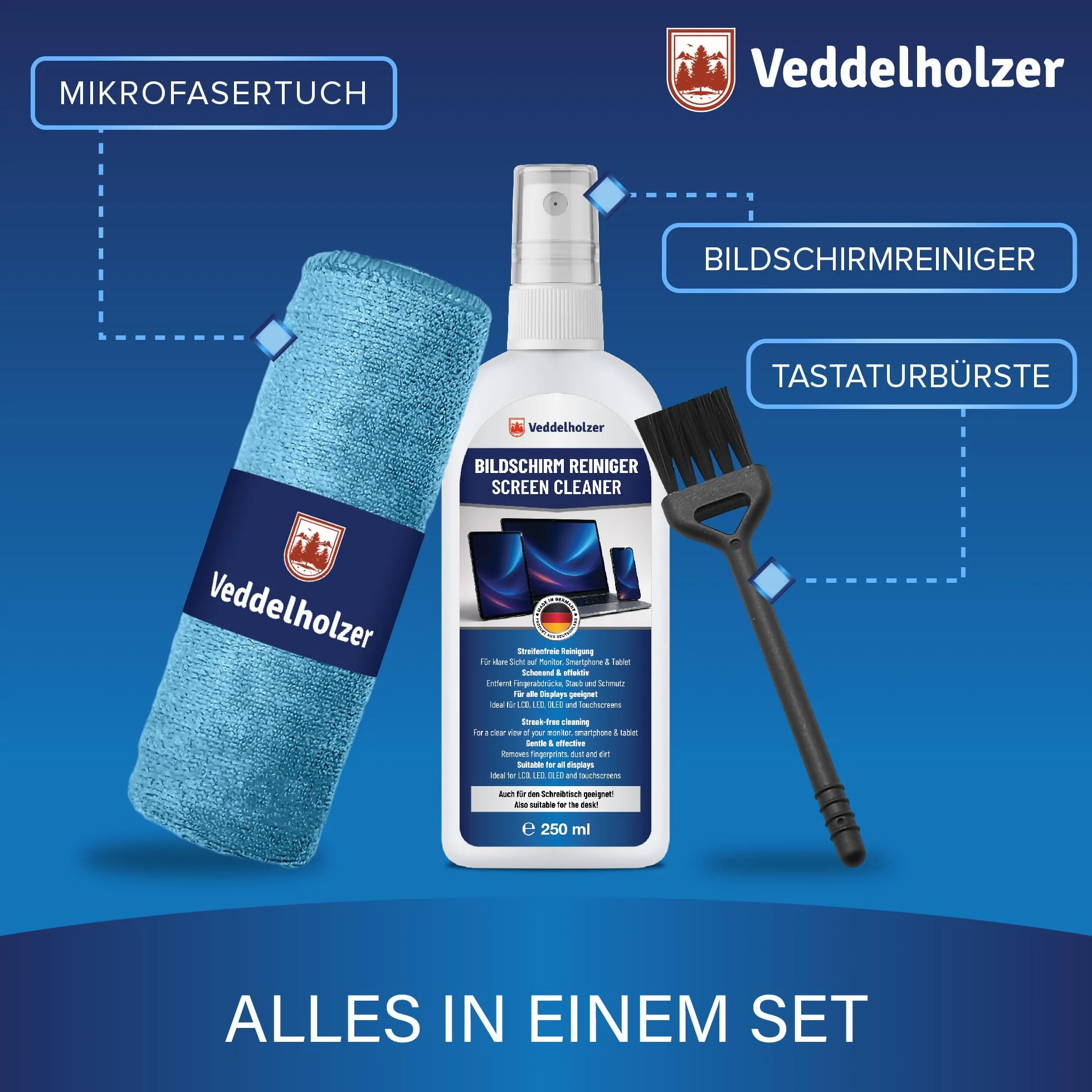 Veddelholzer Zestaw do czyszczenia ekranu 250 ml – ściereczka z mikrofibry i pędzelkiem do klawiatury – do laptopa, monitora, telewizora, smartfona, wyświetlacza samochodowego – czyszczenie wszystkich