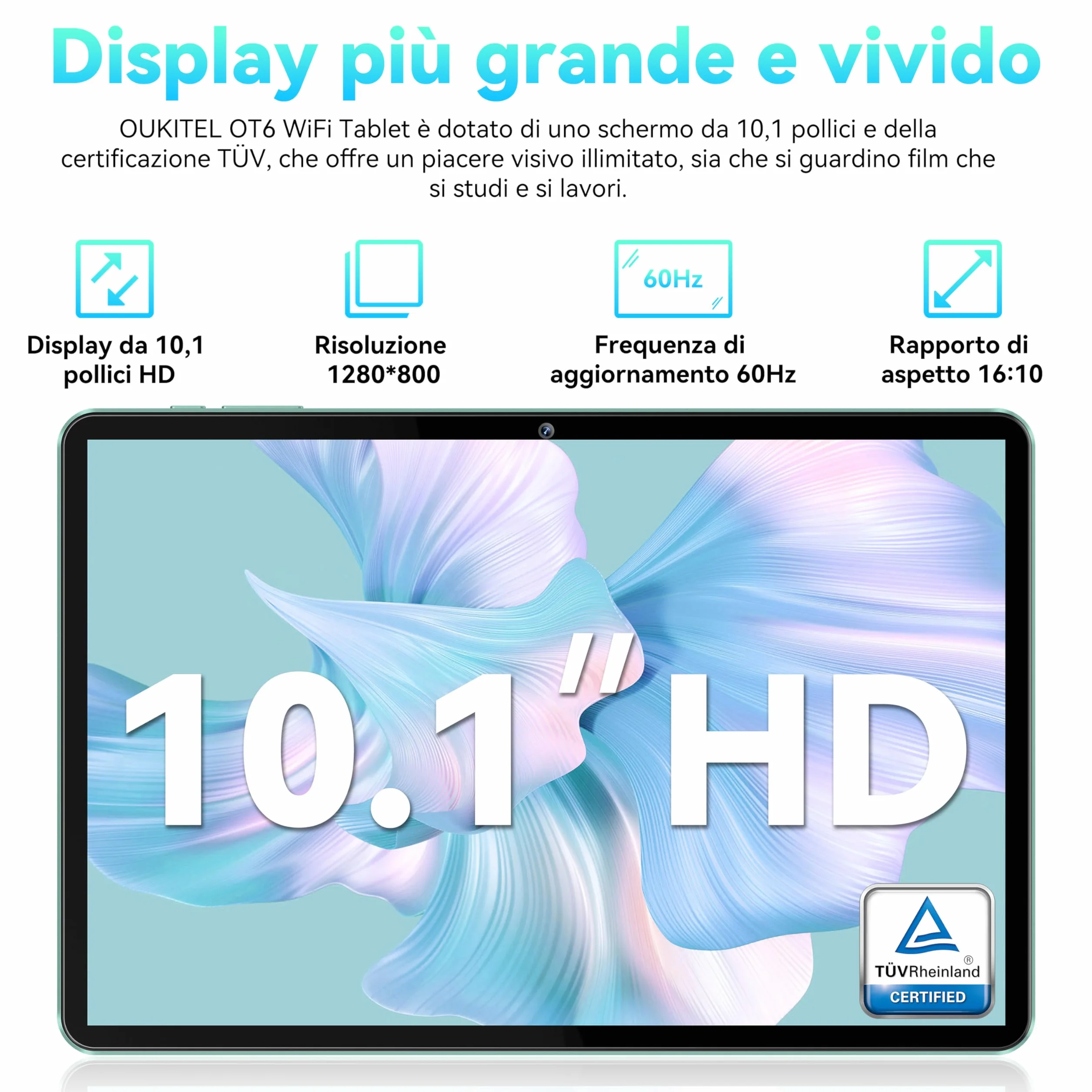 Tablet OT6 10,1 cala Android 13 16 GB+64 GB WiFi 6 8000 mAh Aparat 5MP+2MP 5G BT5.0 1280x800 HD+ Widevine L1