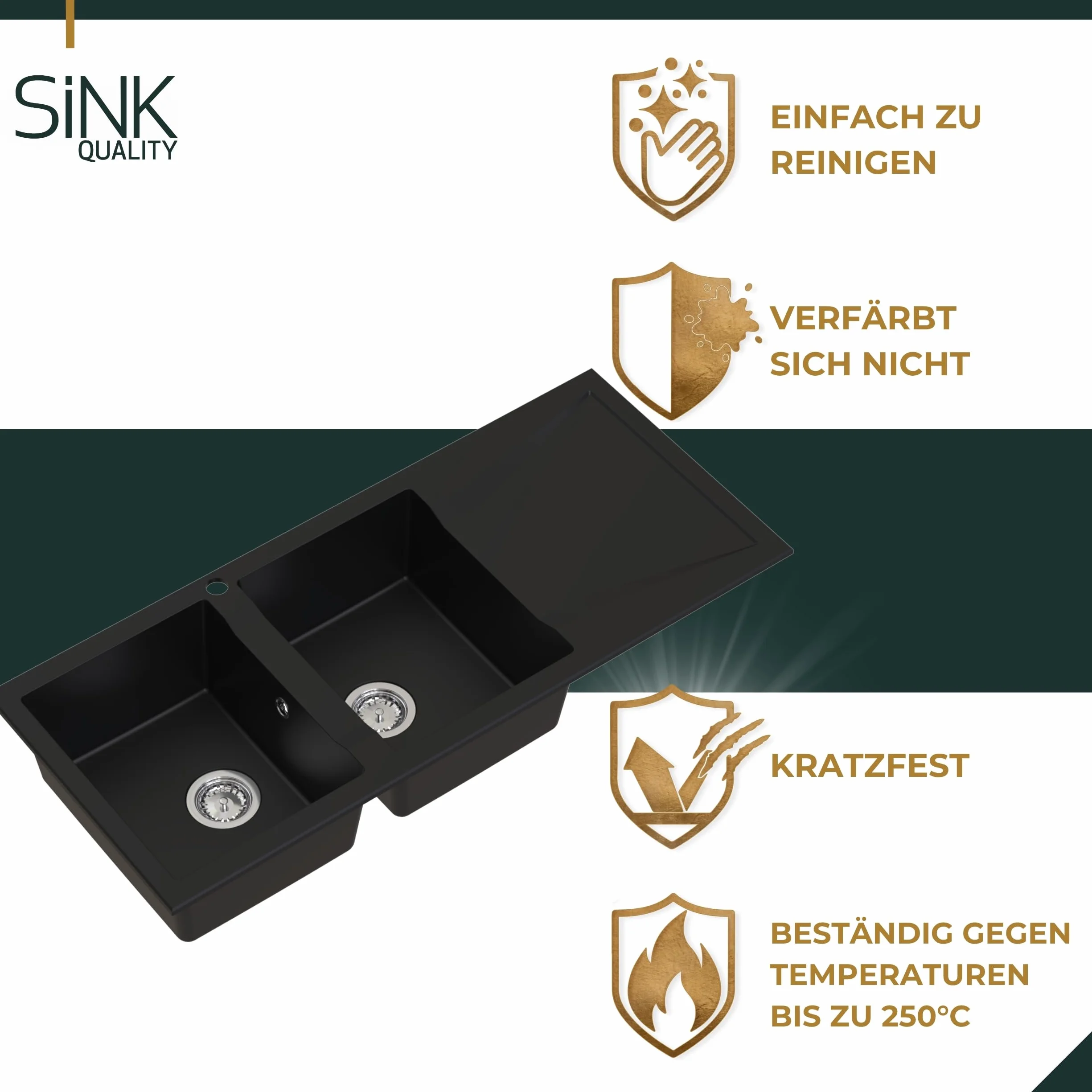 SINK QUALITY podwójny zlewozmywak z ociekaczem, zlewozmywak granitowy czarny 116 x 50 cm, podwójny zlew z syfonem i substancją impregnującą, 2 umywalki zlewozmywaki kuchenne od 80