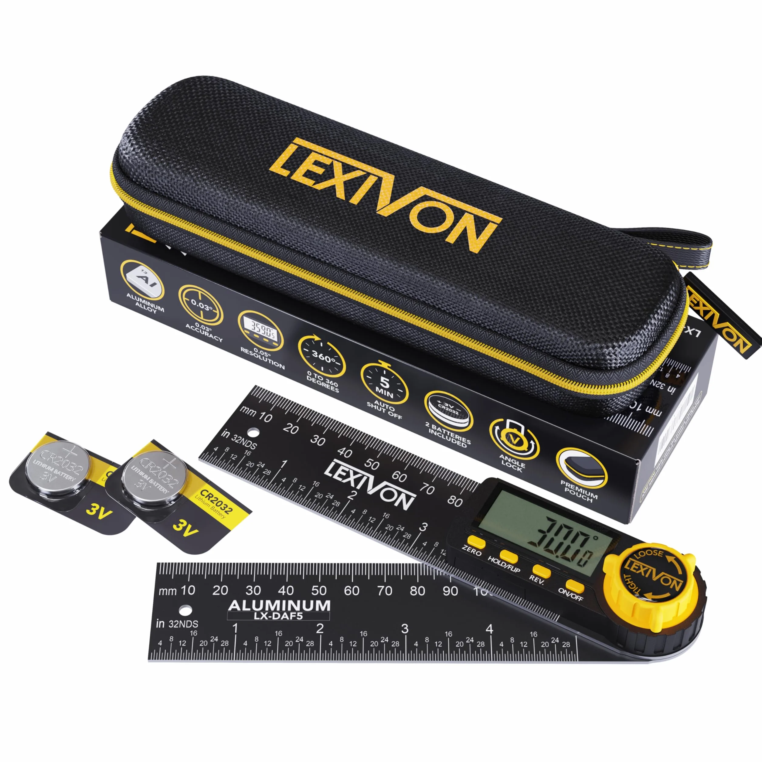 LEXIVON Cyfrowy kątomierz z aluminium, 130 mm, cyfrowy miernik kąta, uniwersalny kątomierz, z wyświetlaczem XL i wytrzymałą kieszenią na zamek błyskawiczny (LX-DAF5)