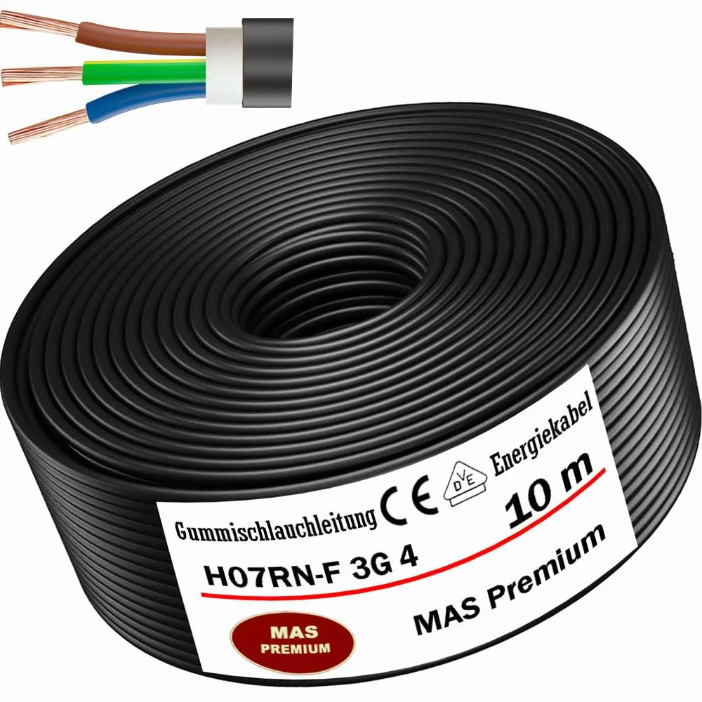 Przewód gumowy od 5 do 100 m, kabel zasilający na plac budowy H07RN-F 3G4 mm², elastyczny przewód z przewodem ochronnym do ciężkich urządzeń (10 m)