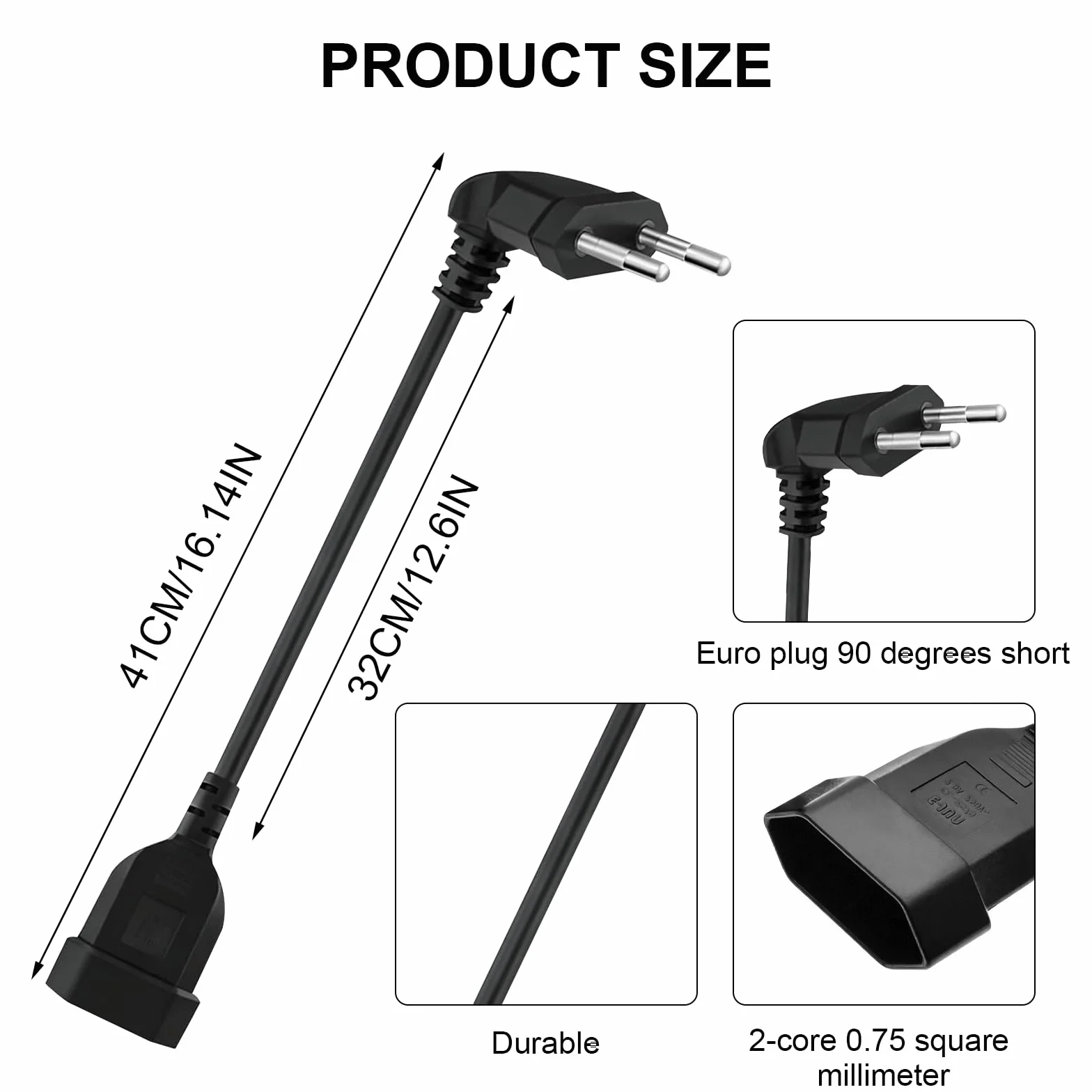 Przedłużacz z wtyczką Euro 90 stopni, płaski kabel 0,3 m, 2 sztuki, czarny