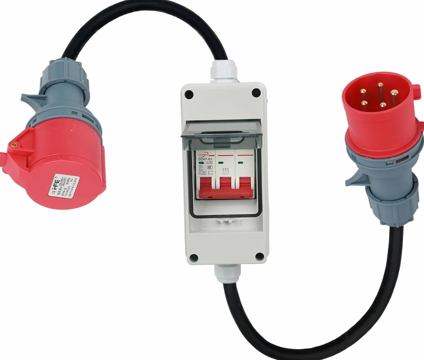 Adapter CEE 63 A 400 V wtyczka na 32 A 400 V sprzęgło z wyłącznikiem nadprądowym 32 A, H07RN-F 5G4/5G6 5 x 2,5 mm² kabel gumowy, wtyczka CEE IP44