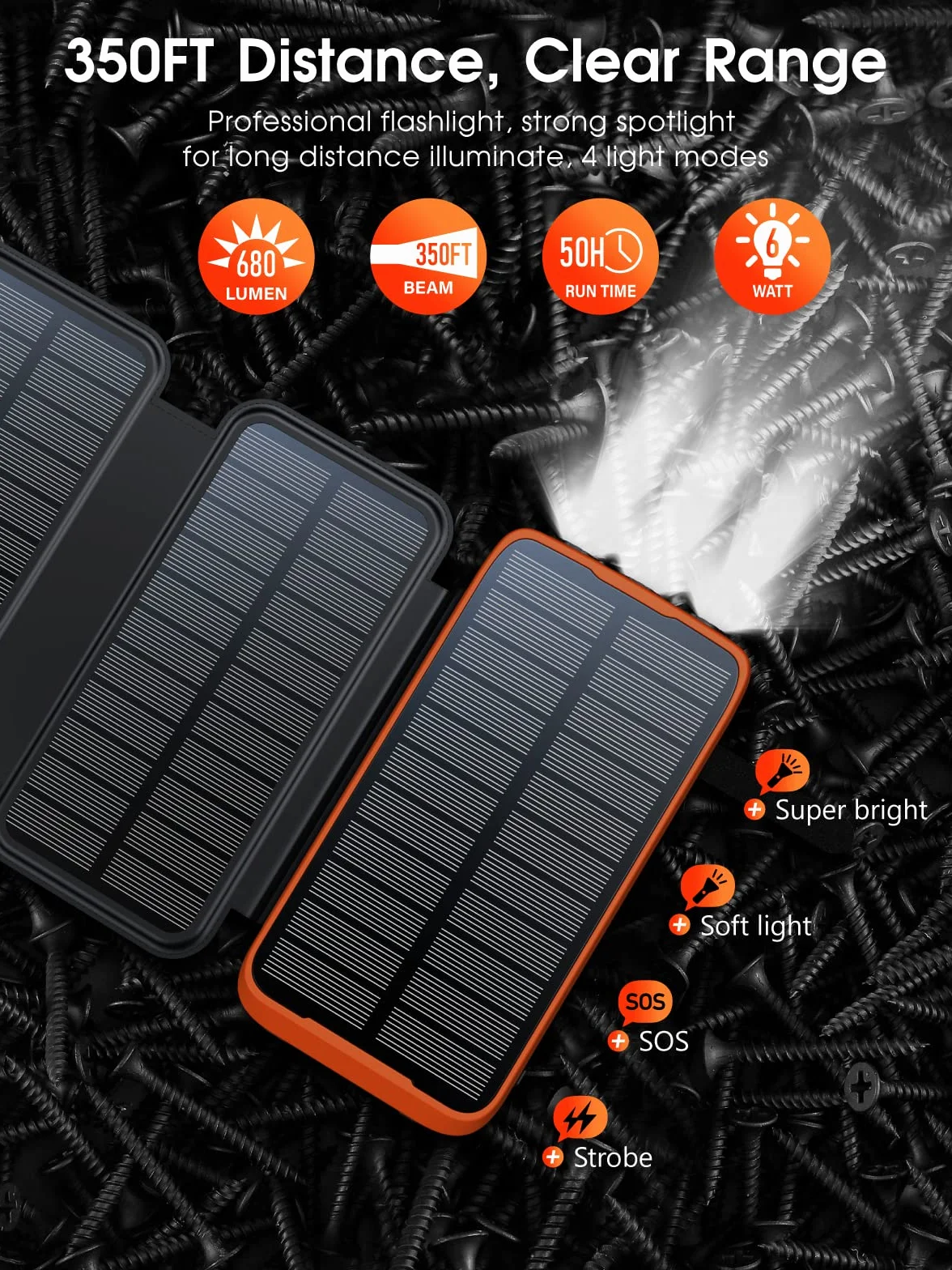 Solarna bateria zewnętrzna 20 000 mAh z 4 panelami słonecznymi, wodoodporna bateria zewnętrzna z 3 kablami i 3 latarkami LED do smartfonów, tabletów, kempingów (pomarańczowa)