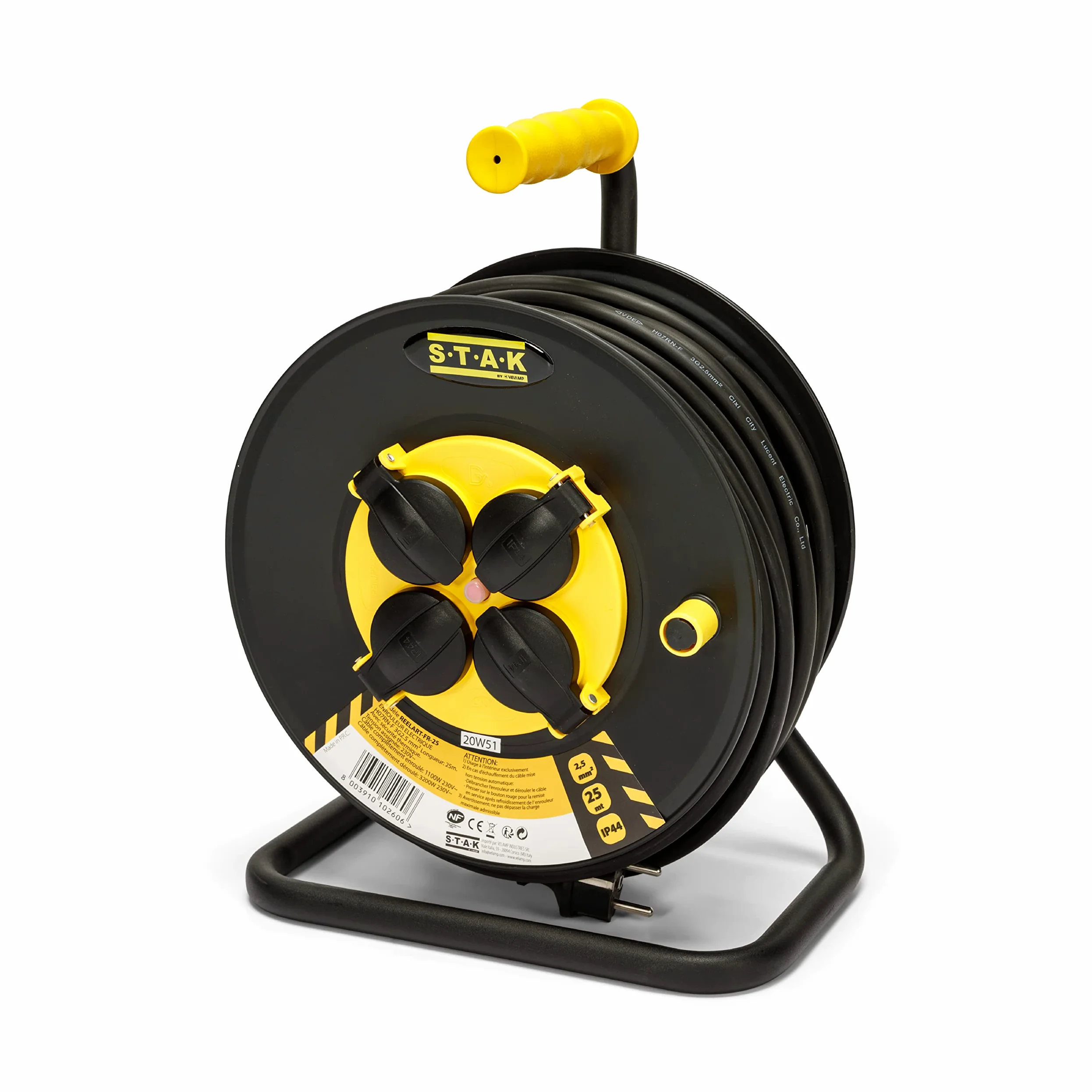 Stak REELART-FR-25 Enrouleur electrique professionnel, water proof IP44 cable 25m en caoutchouc 3G2.5m? pour chantier, bricolage, jardin. 4 Prises, chassis acier, Noir
