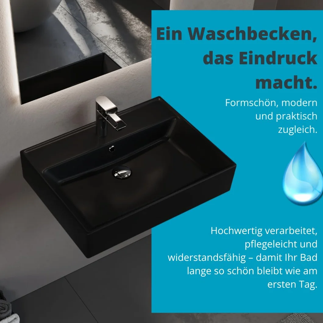 Aqua Bagno czarna matowa umywalka ceramiczna 60 cm – prostokątna umywalka nablatowa z otworem na baterię, nowoczesna, do łazienki i toalety