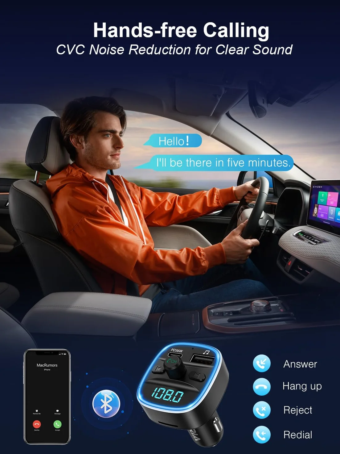 ORIA Nadajnik FM Bluetooth 5.3, adapter samochodowy z szybkim ładowaniem PD 36W, LED, zestaw głośnomówiący, TF, USB