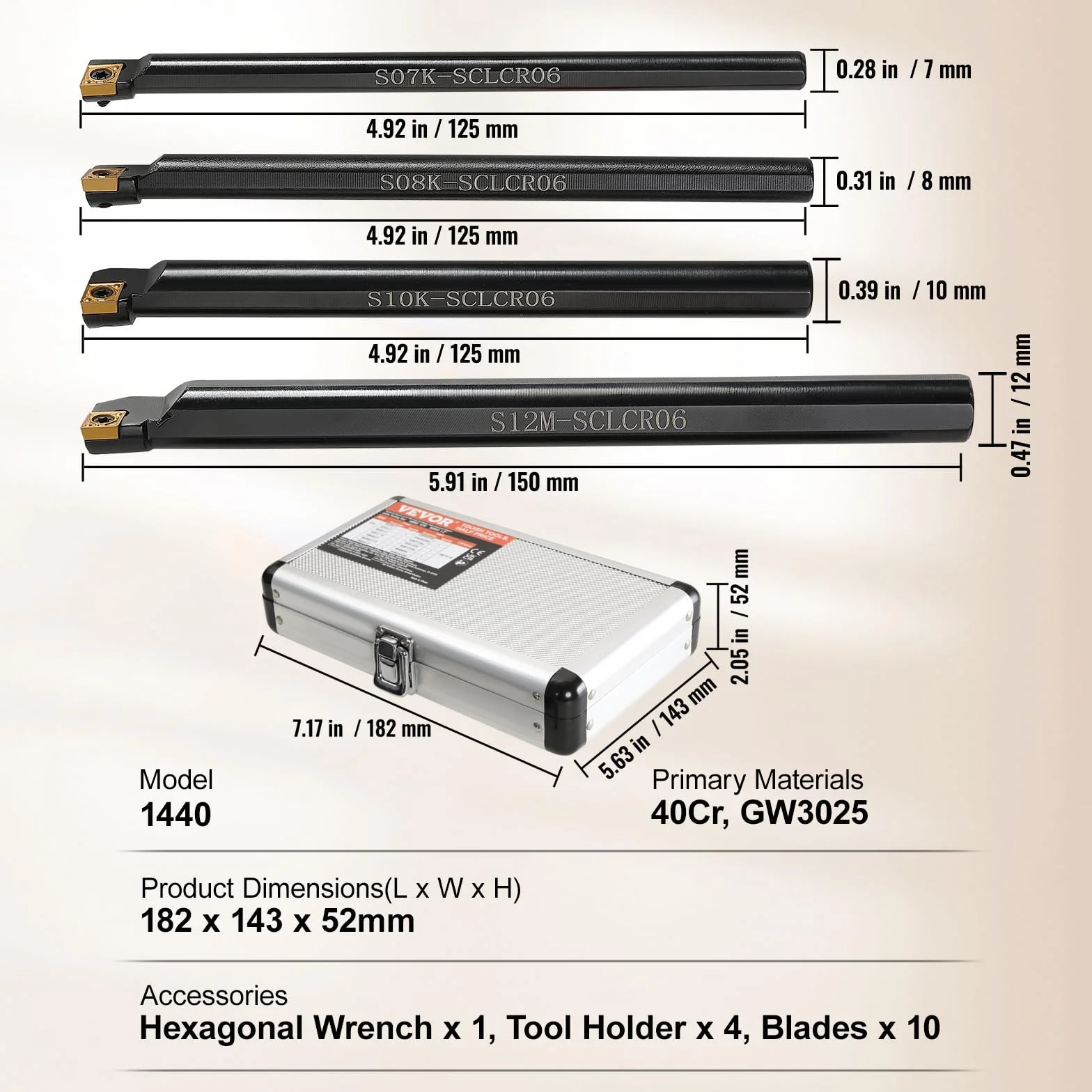 VEVOR 4-częściowy zestaw narzędzi do toczenia Indeksowalne narzędzia tokarskie 6,35 mm CNC metalowy uchwyt na bity z węglika spiekanego zestaw narzędzi do toczenia w walizce 4 szt