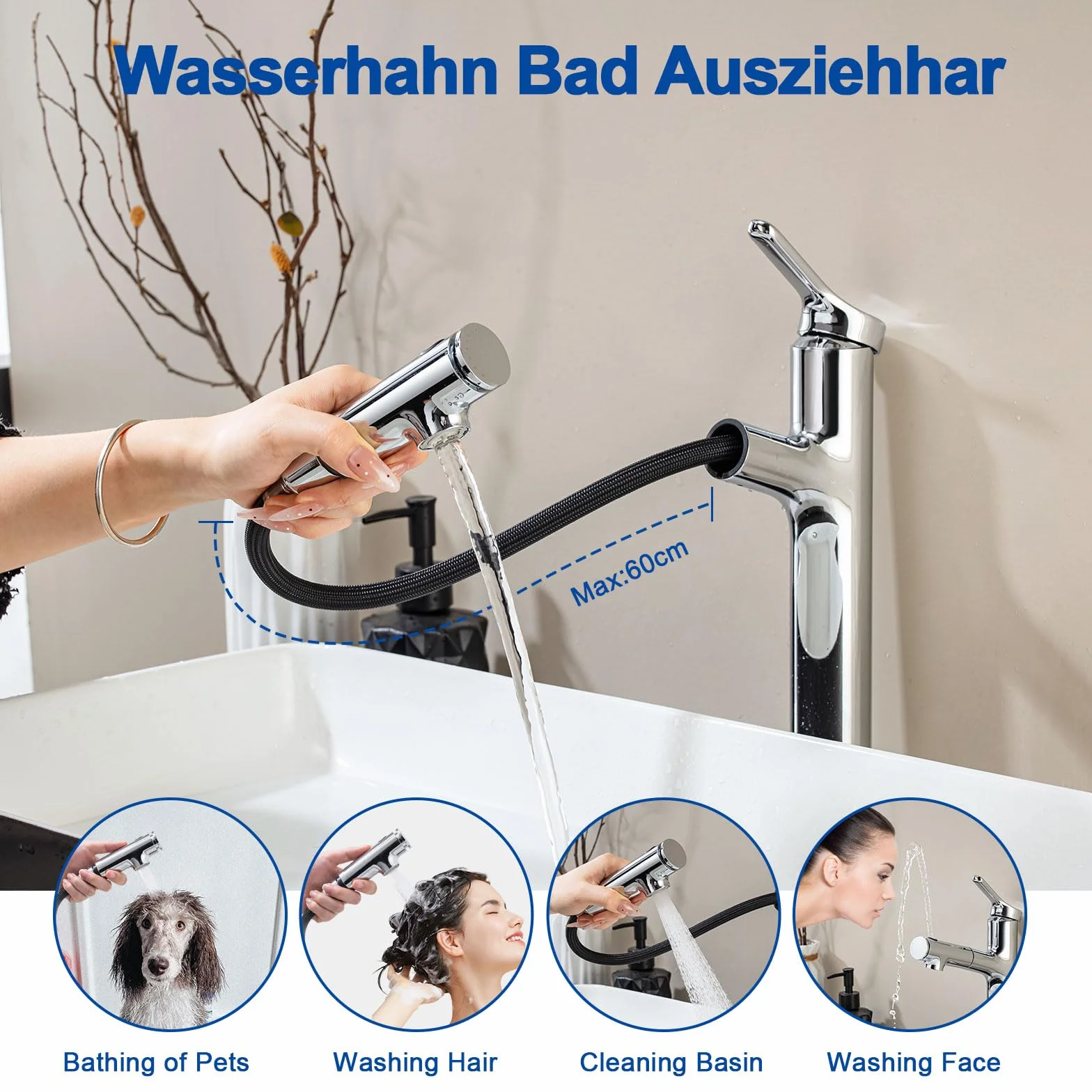 Bateria umywalkowa, wysoka z wyciąganą wylewką prysznicową, bateria łazienkowa, jednouchwytowa, armatura umywalkowa do umywalki nasadowej z 3 rodzajami strumienia wody, wyciągana, chrom