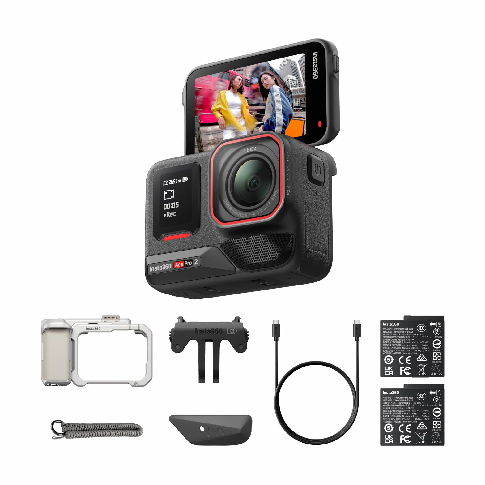 Insta360 Zestaw Ace Pro 2 Xplorer – wodoodporna kamera sportowa 8K, współpracująca z Leica, czujnik 1/3.3 cm, podwójny chip AI, wiodące słabe oświetlenie, fotografia uliczna, srebro księżycowe