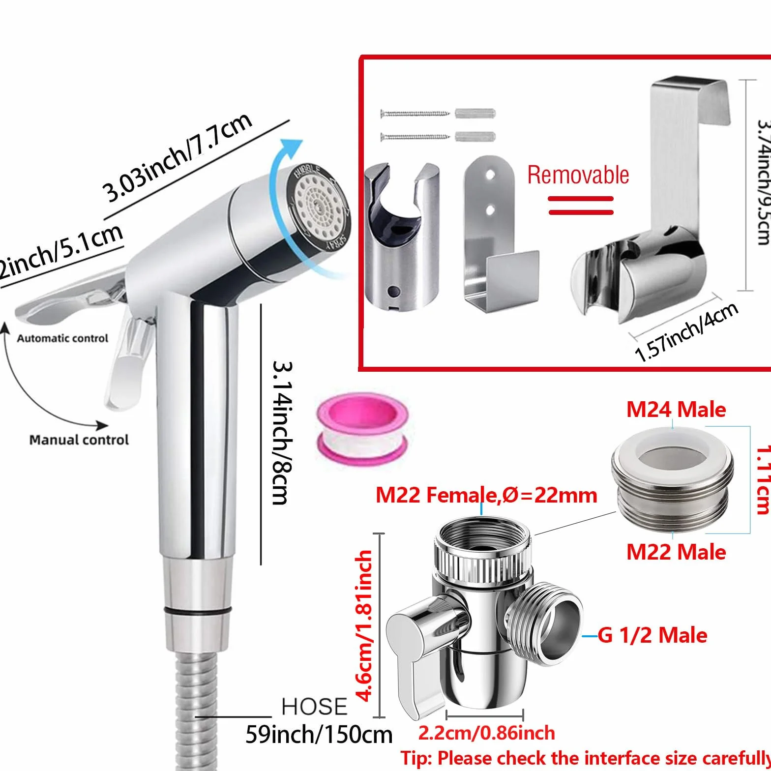 Bidet słuchawka prysznicowa, tworzywo sztuczne ABS, zestaw do rozpylania pieluszek dla niemowląt z hakiem na wąż ze stali nierdzewnej, dozownik kranu M22 x M24, toaleta z wężem i hakiem lub uchwytem