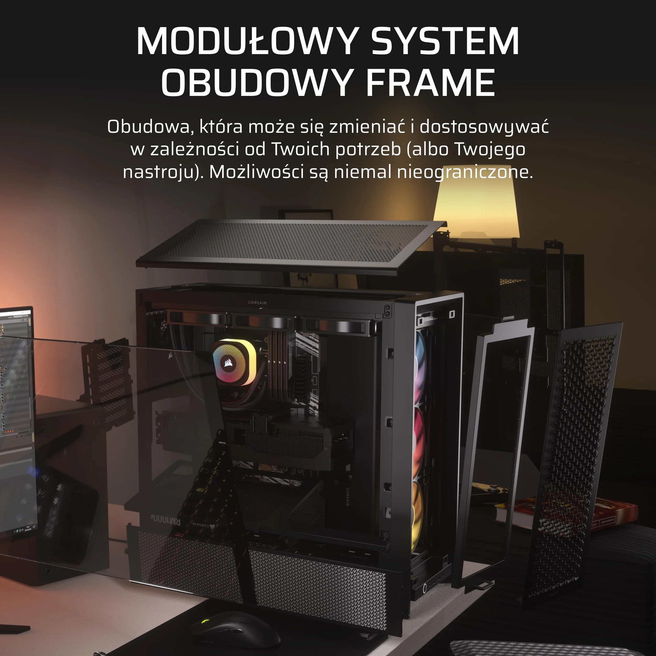 CORSAIR FRAME 4000D RS ARGB Modułowa Mid–Tower ATX Obudowa Komputerowa – Wysoki Przepływ Powietrza, 3x Wstępnie Zainstalowane Wentylatory RS ARGB, System Montażu Wentylatorów InfiniRail™ – Czarny