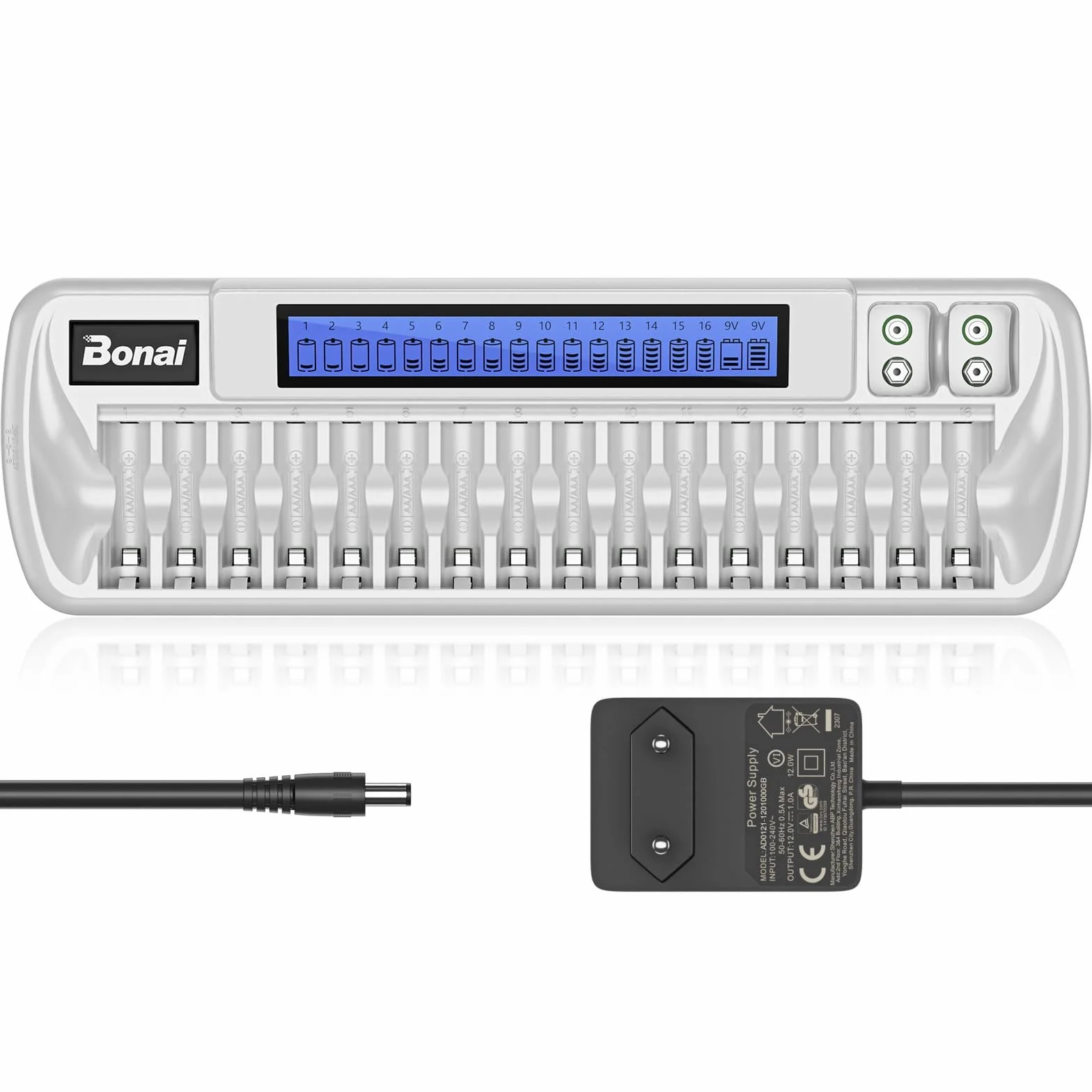 BONAI Ładowarka Uniwersalna LCD 18 Gniazd do Akumulatorów AA AAA Ni-MH Ni-CD Litowo-Jonowych 9 V