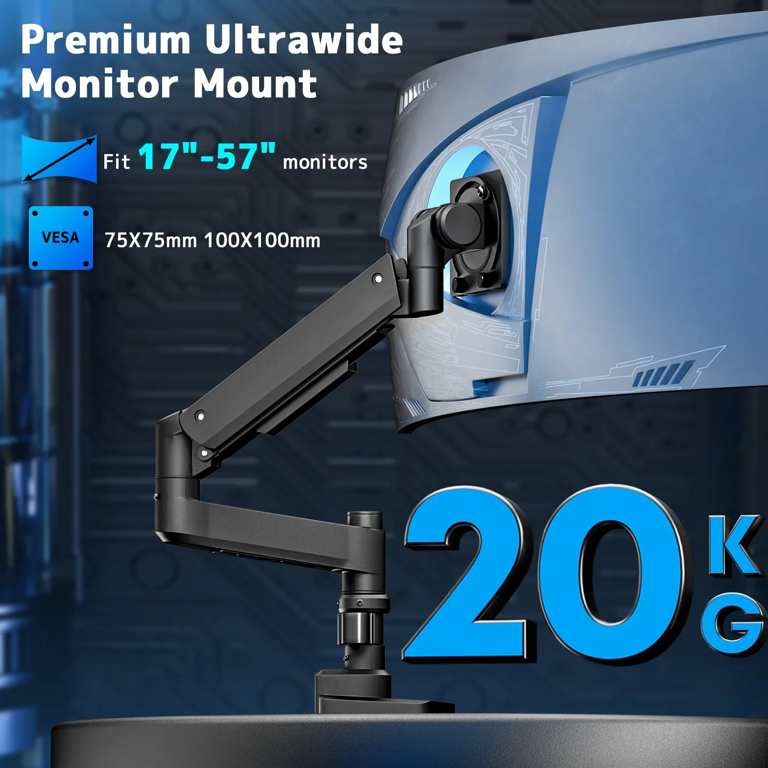 Ultrawide uchwyt na monitor wytrzymałe ramię sprężynowe gazowe do monitorów 17-57 cali nośność 2-20 kg VESA 75/100 mm czarny
