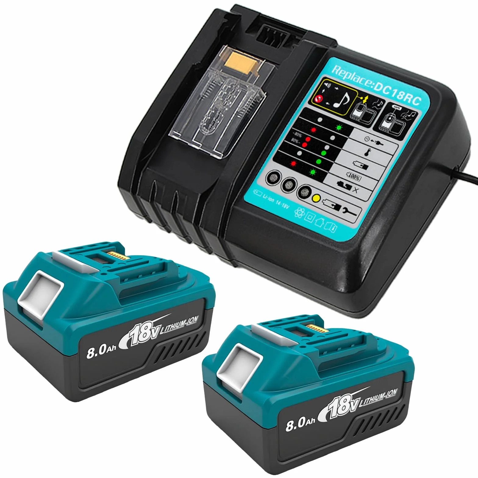 2 x akumulator 8,0 Ah 18 V z ładowarką DC18RC, kompatybilny z narzędziami Makita, akumulatory zamienne BL1860 BL1860B BL1850 BL1850B BL1840 BL1830 BL1820 (2 x akumulator 8,0 Ah 18 V + ładowarka DC18RC