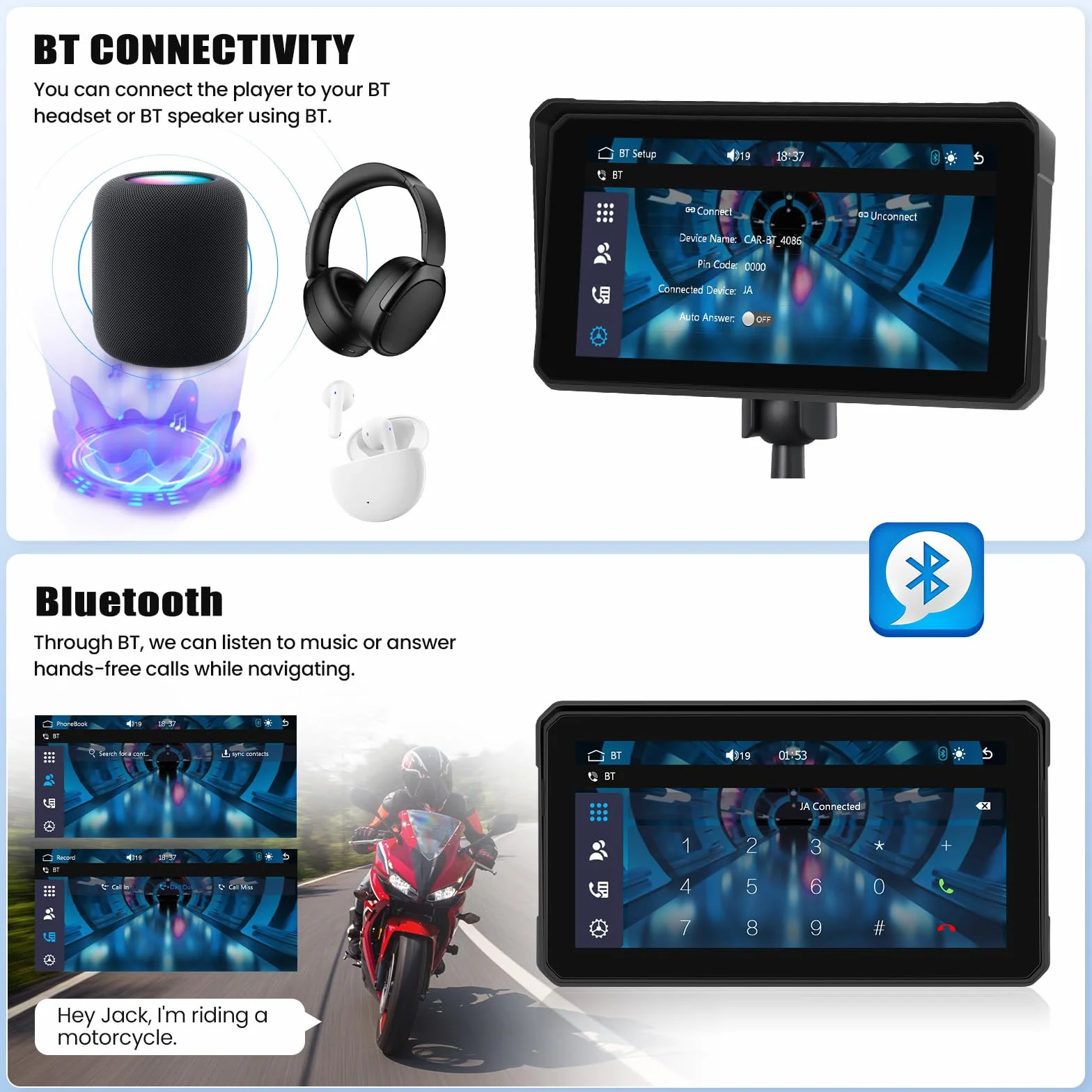 Przenośny wyświetlacz CarPlay motocyklowy bezprzewodowy IP68 wodoszczelny GPS Bluetooth