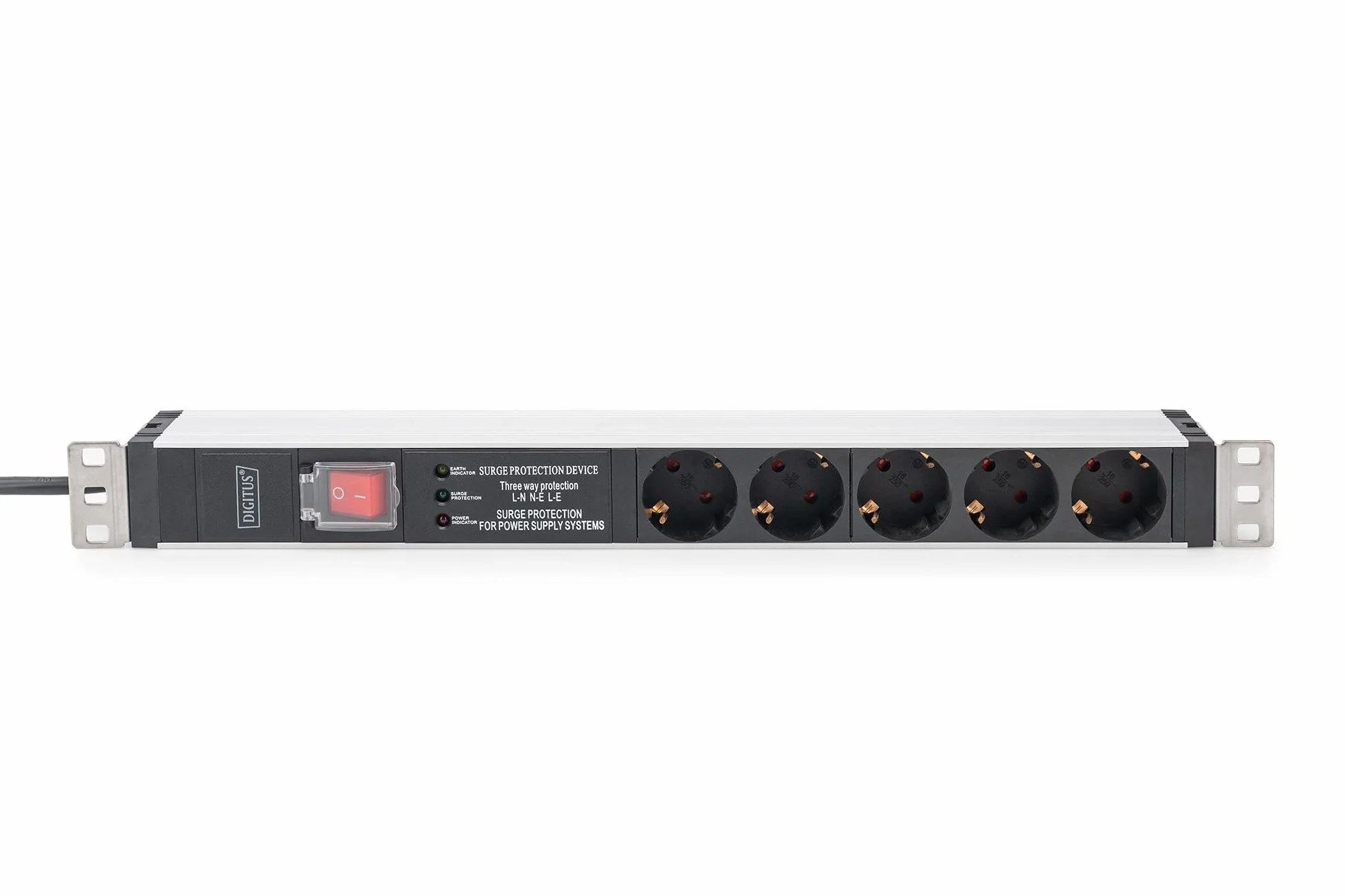 Listwa zasilająca DIGITUS 19" – 5 gniazd – 1U – z filtrem sieciowym, zabezpieczeniem przeciwprzepięciowym, wyłącznikiem – 230 V AC 50/60 Hz – 16 A – 3600 W – do szaf sieciowych i serwerowych 19”