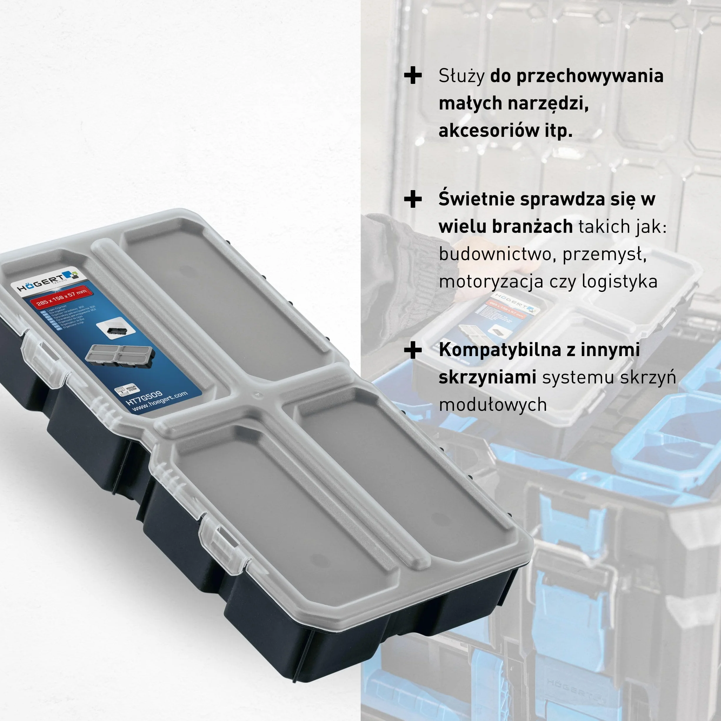 Högert Technik - HT7G509 organizer na narzędzia, mleczna pokrywa z wytrzymałego tworzywa sztucznego, dodatkowe miejsce na narzędzia i przedmioty, praktyczny i pojemny, modułowa konstrukcja