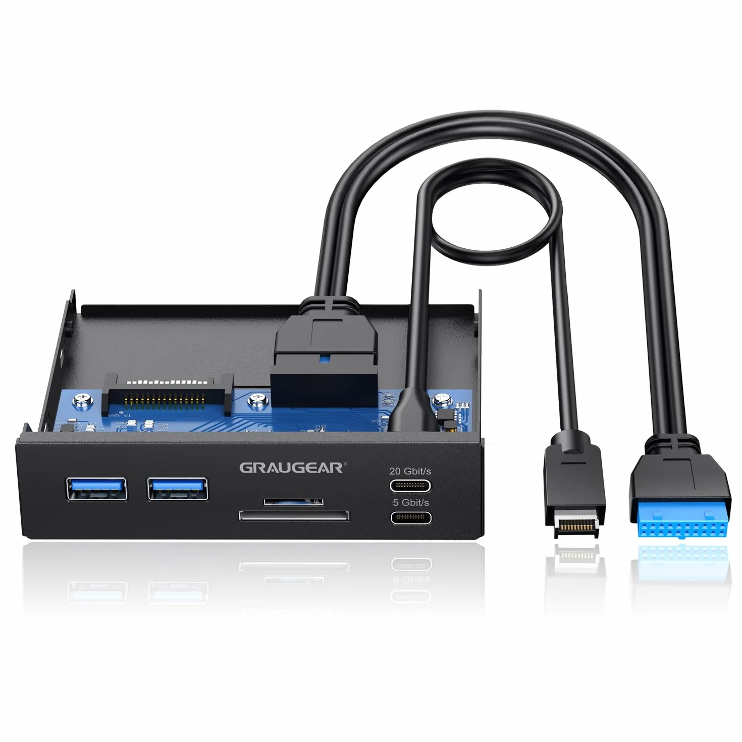 GRAUGEAR 6 interfejsów panel przedni o przekątnej 3,5 cala, USB3.2 Gen2 x 2 typ C do 20 Gbit/s, 2 x USB-A+USB-C, czytnik kart SD+microSD, Key-A 20-pin i 19-pinowy nagłówek, metal