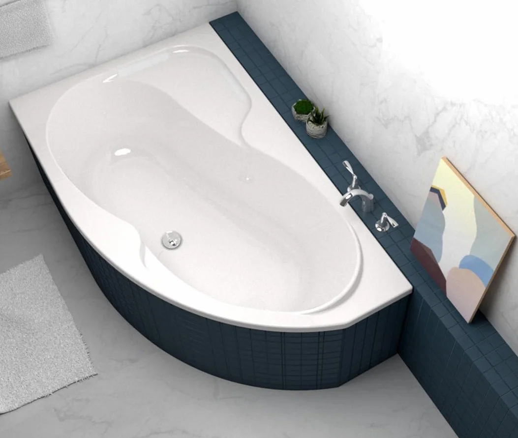 Wanna narożna ECOLAM® WELA 150x100 cm LEWA | Wanna wysokiej jakości, akrylowa, sanitarna, akrylowa + armatura odpływowa, automatyczny odpływ i przelew, silikonowe nóżki, antypoślizgowa, łatwa do czysz