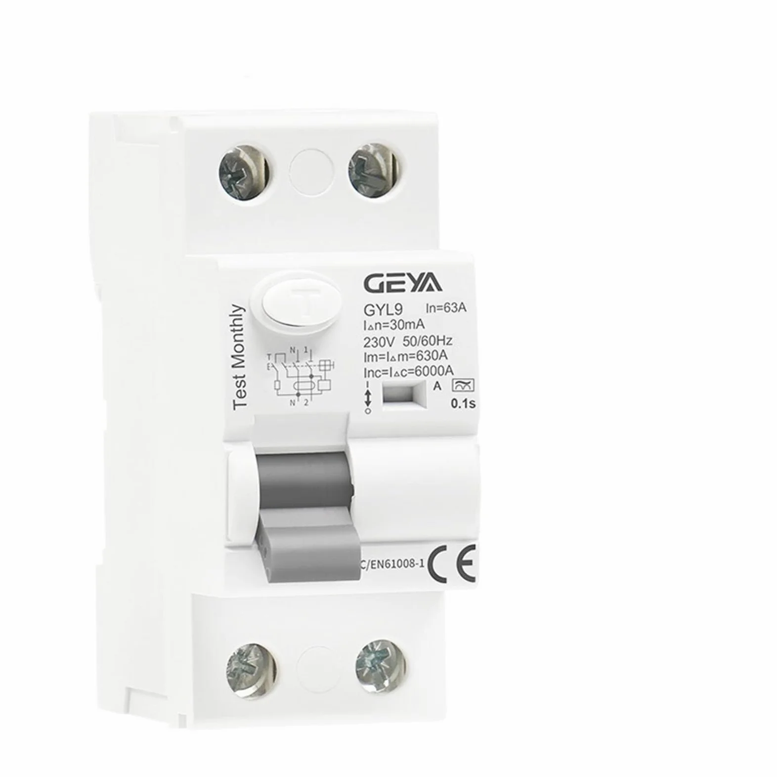 Przełącznik różnicowy elektromagnetyczny Typ A GYL9, Przełącznik różnicowy AC, 2-biegunowy, 40A, 63A, 30mA, 100mA, 300mA, 1P+N (100mA,2P 63A)