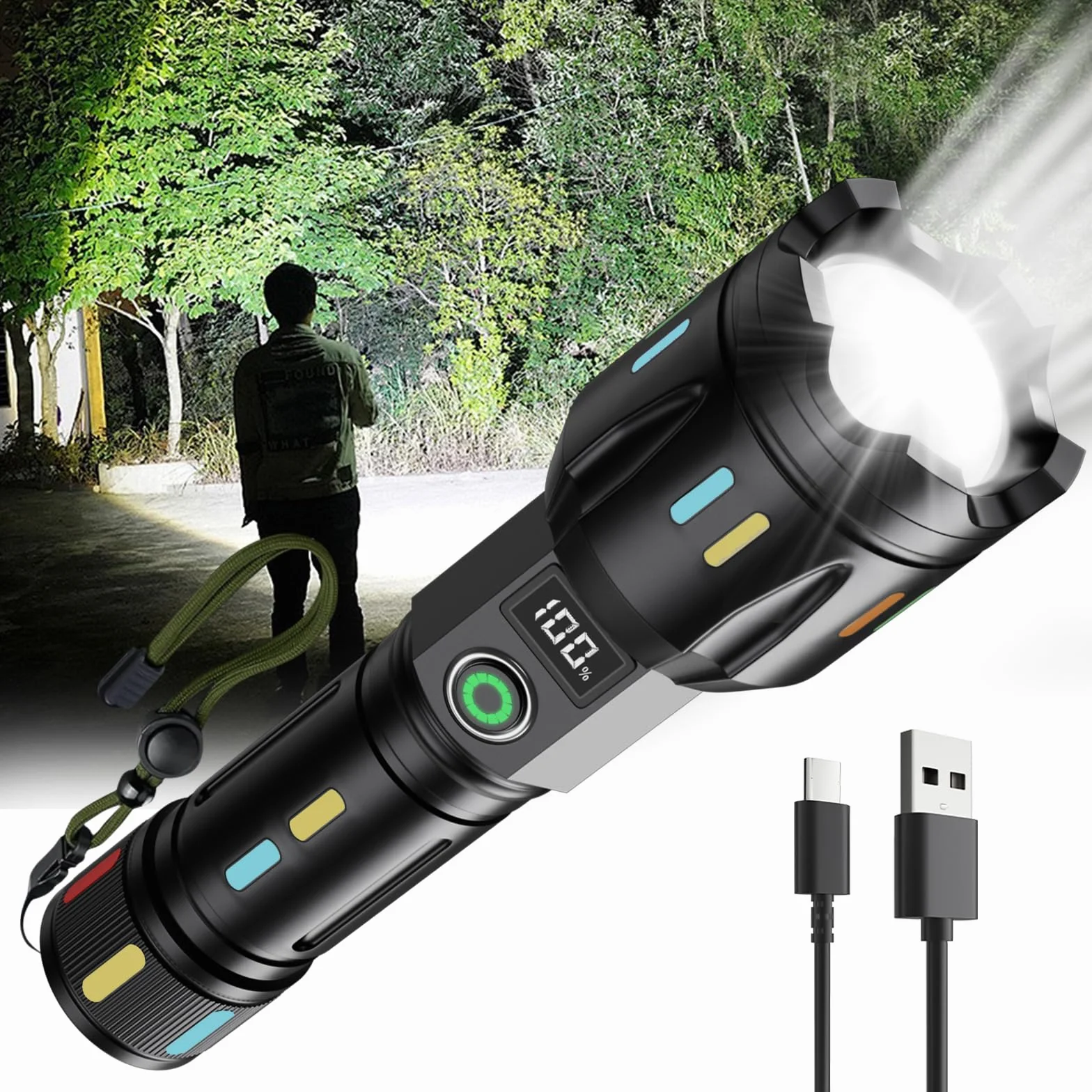 K KASONIC Akumulatorowa latarka ręczna LED, latarka ręczna USB z zoomem, latarka awaryjna ze wskaźnikiem baterii, latarka kempingowa do wędrówek, spacerów z psem