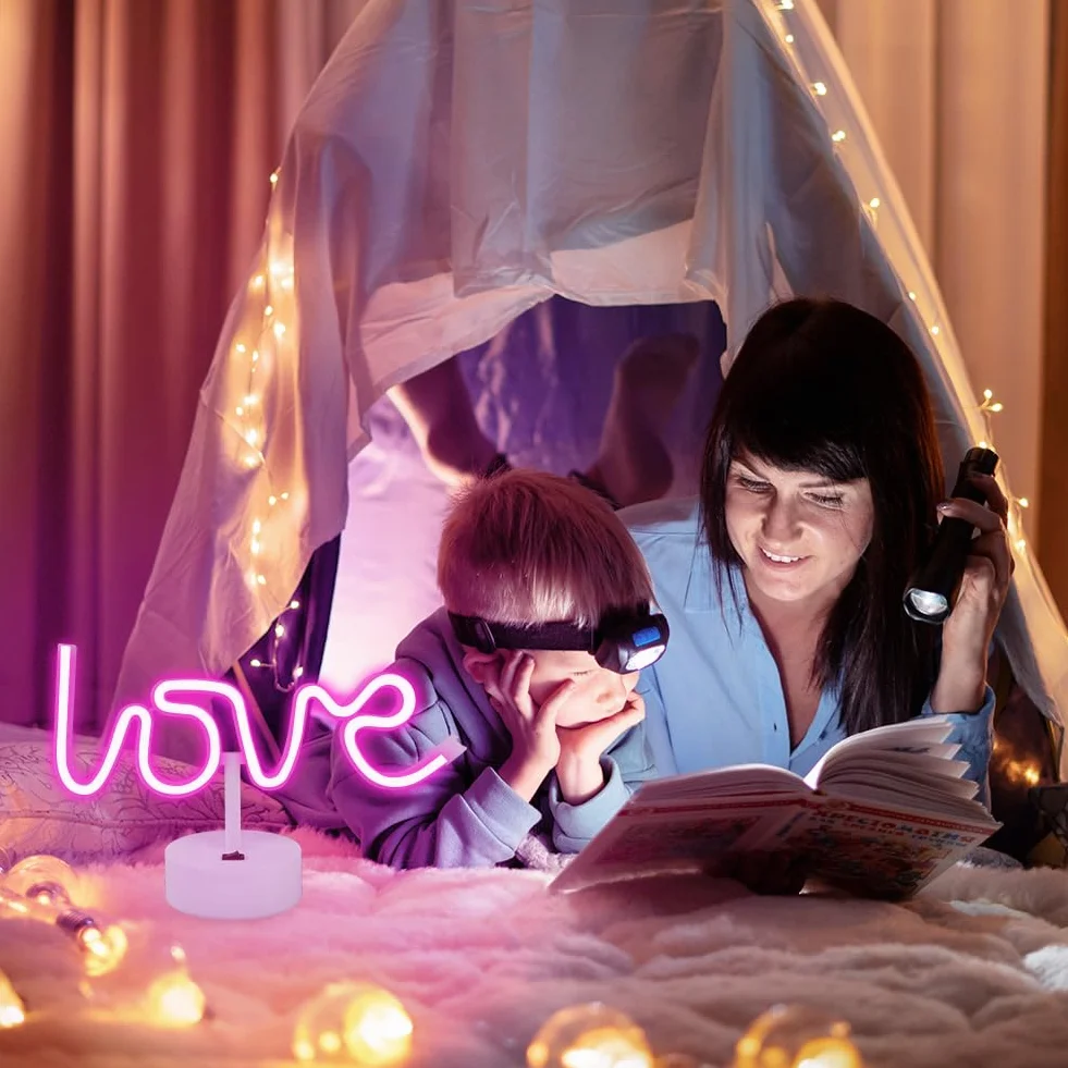 HOTUT Neon z podstawą, LOVE neonowe znaki, Podświetlana dekoracja neonowa LED, zasilane bateriami USB lub 3-AA, neonowe światło, dekoracja stołu LED, na Bedroom Birthday Wedding Party