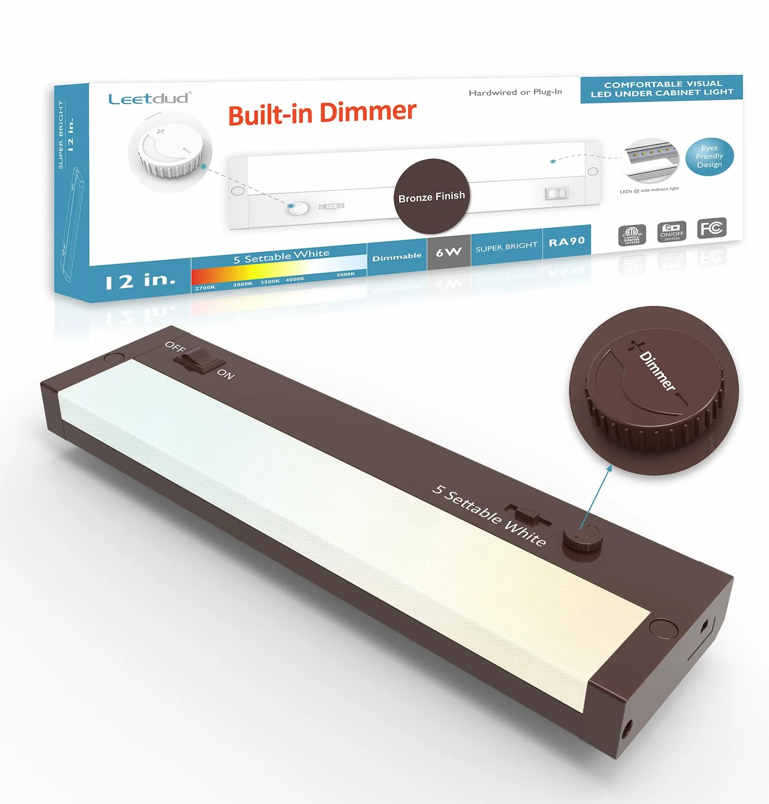 Leetdud - Oświetlenie LED pod szafką, wbudowana lub przewodowa wtyczka ściemniacza, 30 cm 6 W, możliwość przyciemniania, 5 kolorów, 2700 K/3000 K/3500 K/4000 K/5000 K, możliwość łączenia z ETL