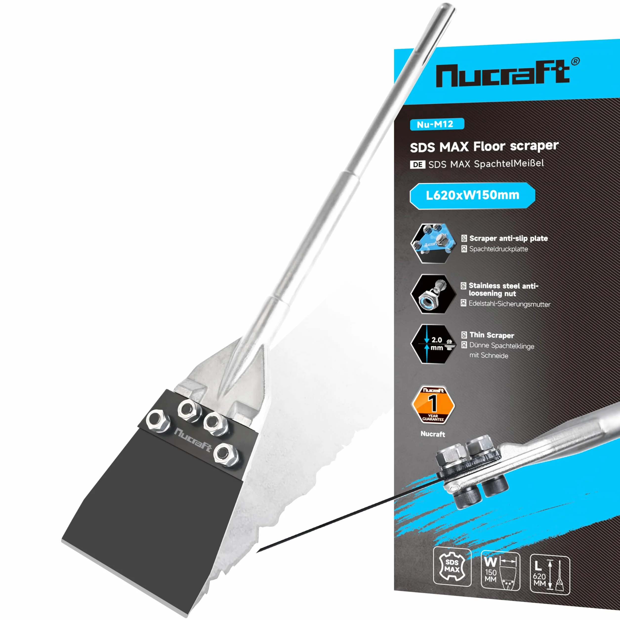 Nucraft Dłuto szpachlowe SDS-Max, 620 x 150 mm, skrobak podłogowy do ściągania kleju podłogowego, dywanów, linoleum, kleju do płytek, płytek PCW, farby