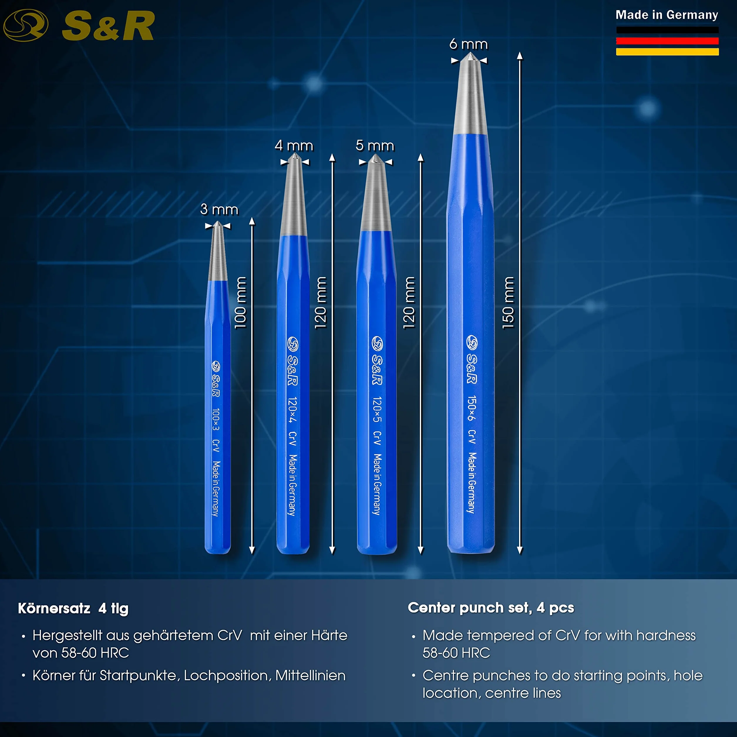 S&R 4-częściowy zestaw kernerów 3, 4, 5, 6 mm, stal CrV, wyprodukowano w Niemczech/kute i hartowane, odporne na uderzenia, w wytrzymałym pudełku z tworzywa sztucznego