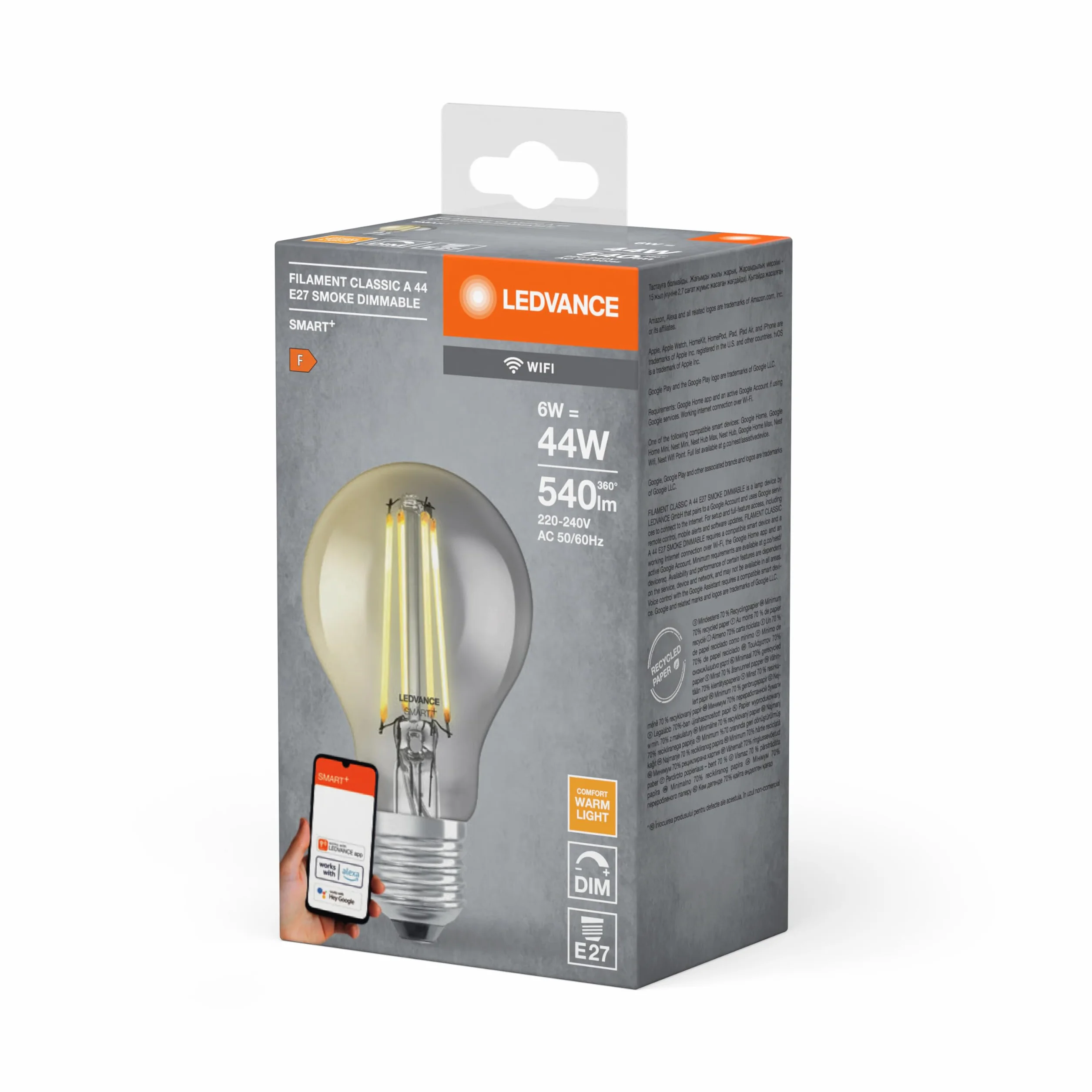 LEDVANCE Inteligentna żarówka LED z Wifi, E27, Możliwość ściemniania, Ciepła biel (2500K), Kształt żarówki, Przezroczysty żarnik w przydymionym szkle, Możliwość sterowania za pomocą Alexa, Google