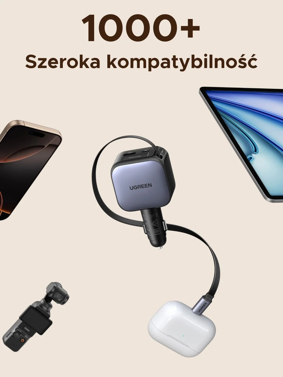 UGREEN 3-portowa zapalniczka samochodowa 60W Chowana ładowarka USB C 12V do iPhone 17/16/15 Galaxy S25/24