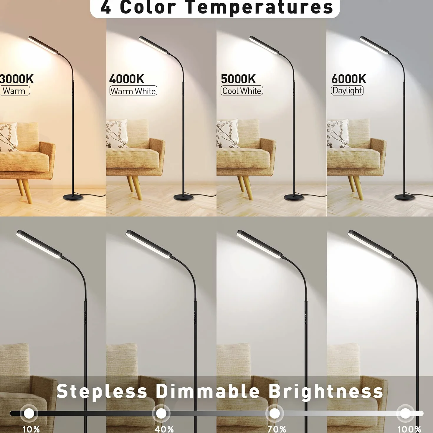 OUTON Lampa stojąca LED, ściemniana, 12 W regulowana, nowoczesna lampa do czytania z 4 temperaturami barwowymi, pilot zdalnego sterowania i sterowanie dotykowe, oświetlenie do salonu, sypialni, biura, czarna