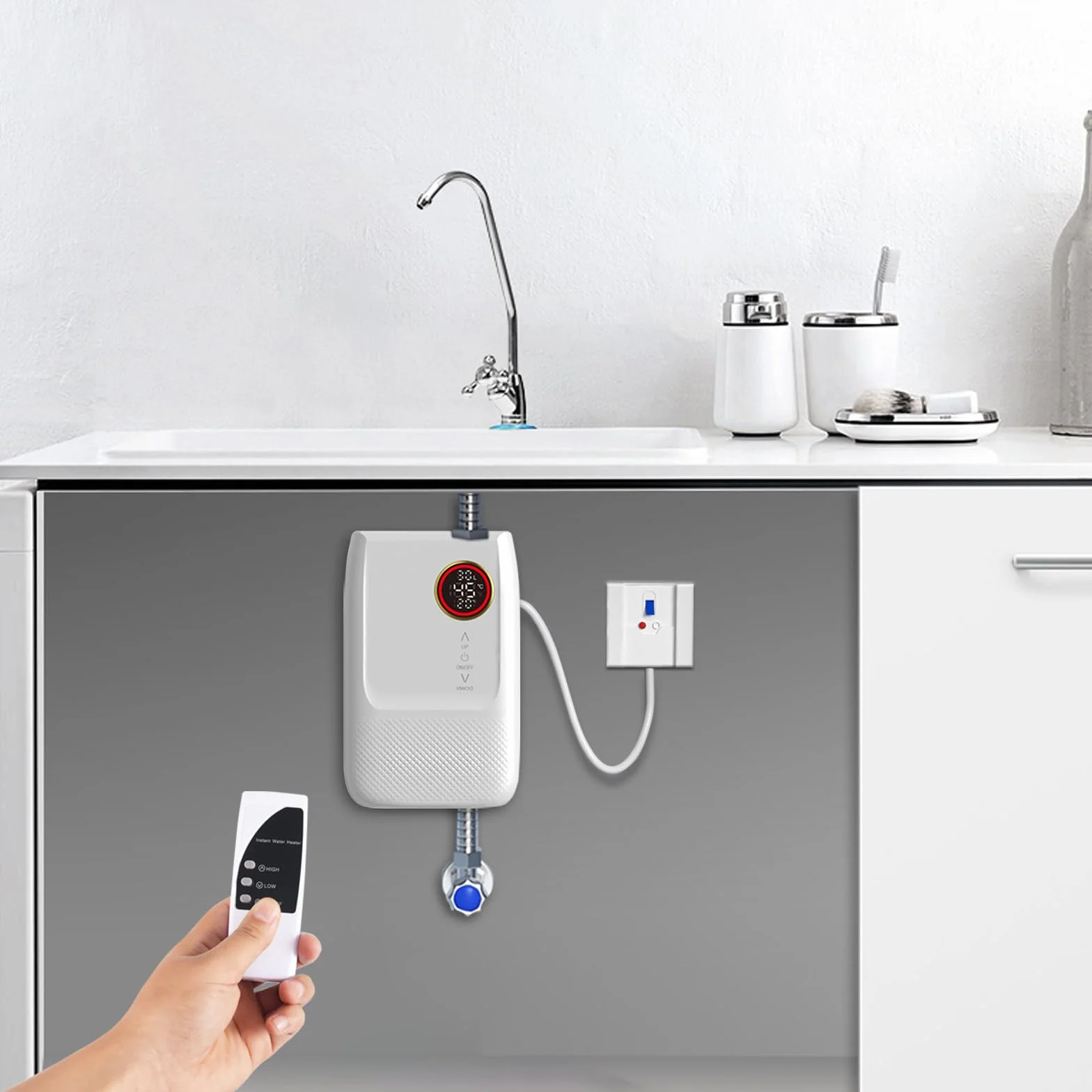 Zbiornik ciepłej wody, bojler 5500 W, 1-5 l/min, podgrzewacz wody, mały pojemnik, elektryczny odporny na ciśnienie podstawki, 30 ~ 55℃, regulowany podgrzewacz przepływowy 13,5 x 6,8 x 19,5