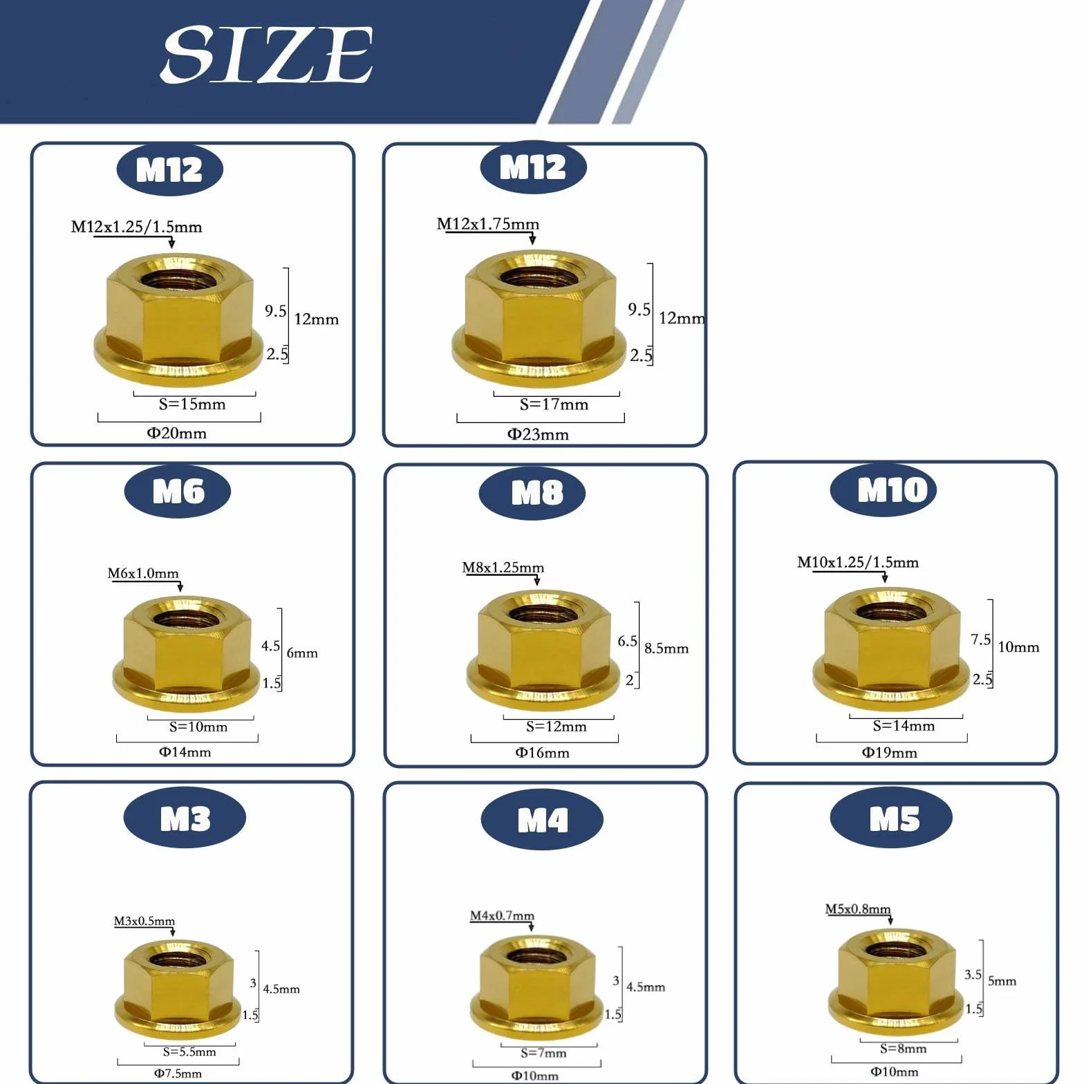 RISON tytanowa nakrętka kołnierzowa M12 x 1,25 mm, tytanowa nakrętka zębata, złota 6AL4 V, tytanowa nakrętka kołnierzowa do motocykla, 5 sztuk