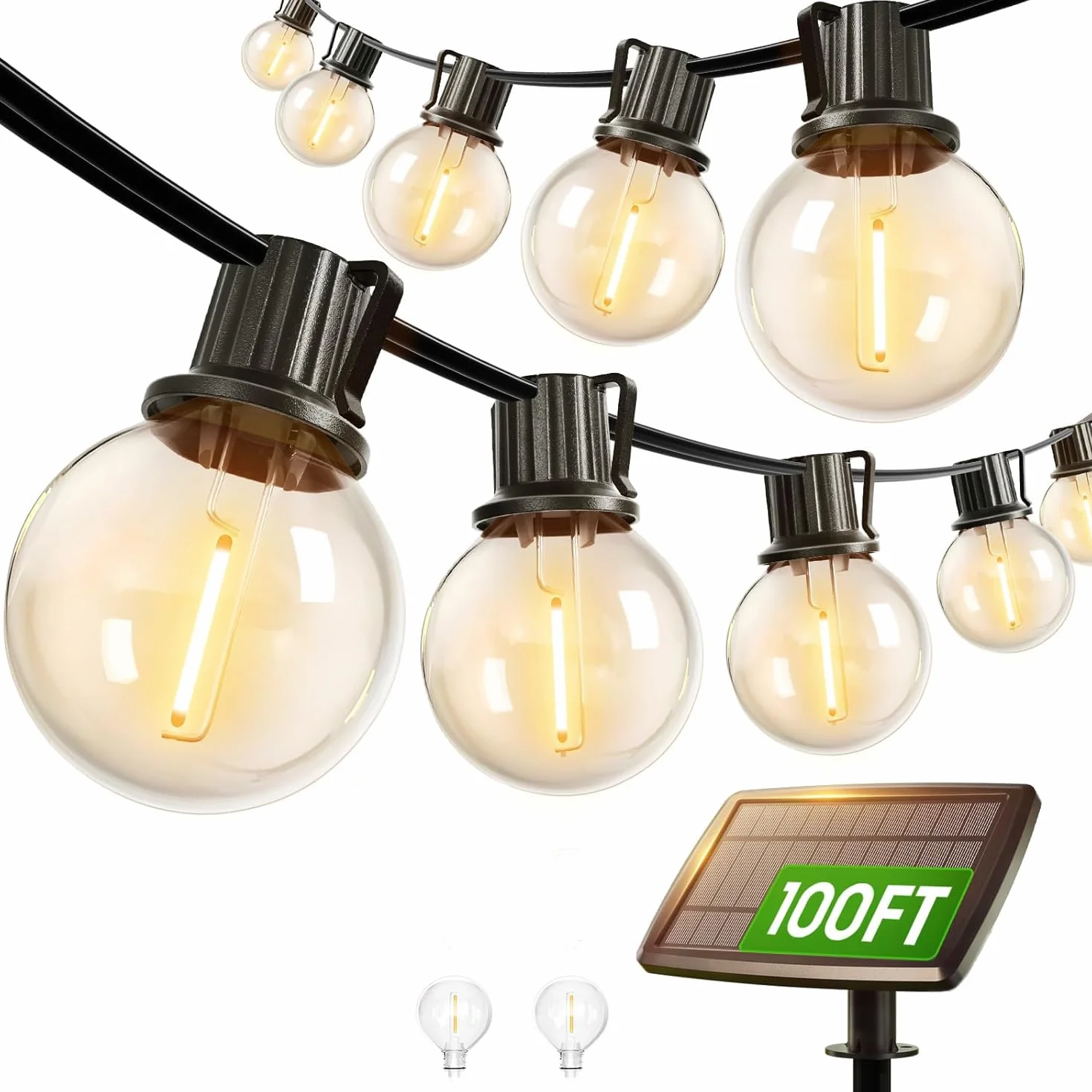 Svater Solarne lampy ogrodowe G40, 30 m, solarne lampy festoon, wodoodporne, 4 tryby, funkcja automatycznego włączania/wyłączania, funkcja pamięci, do wewnątrz, na zewnątrz, łańcuch świetlny zasilany